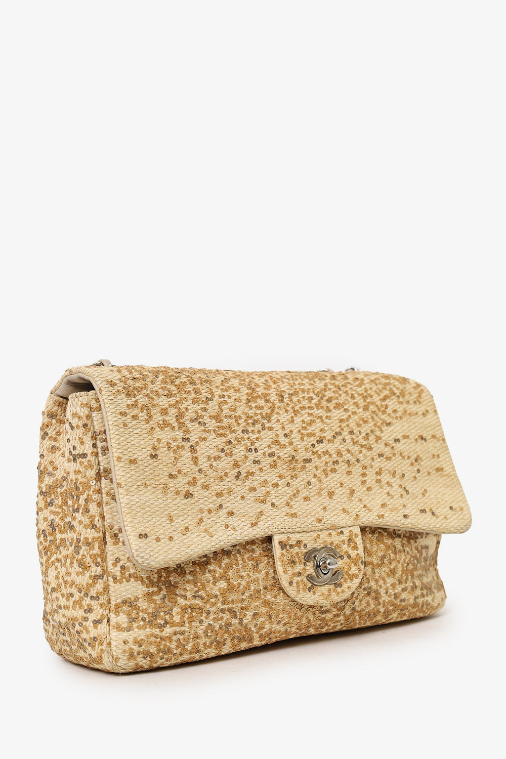 Pre-Loved Chanel™ 2013-14 Beige Raffia Sequin Small Single Flap Bag