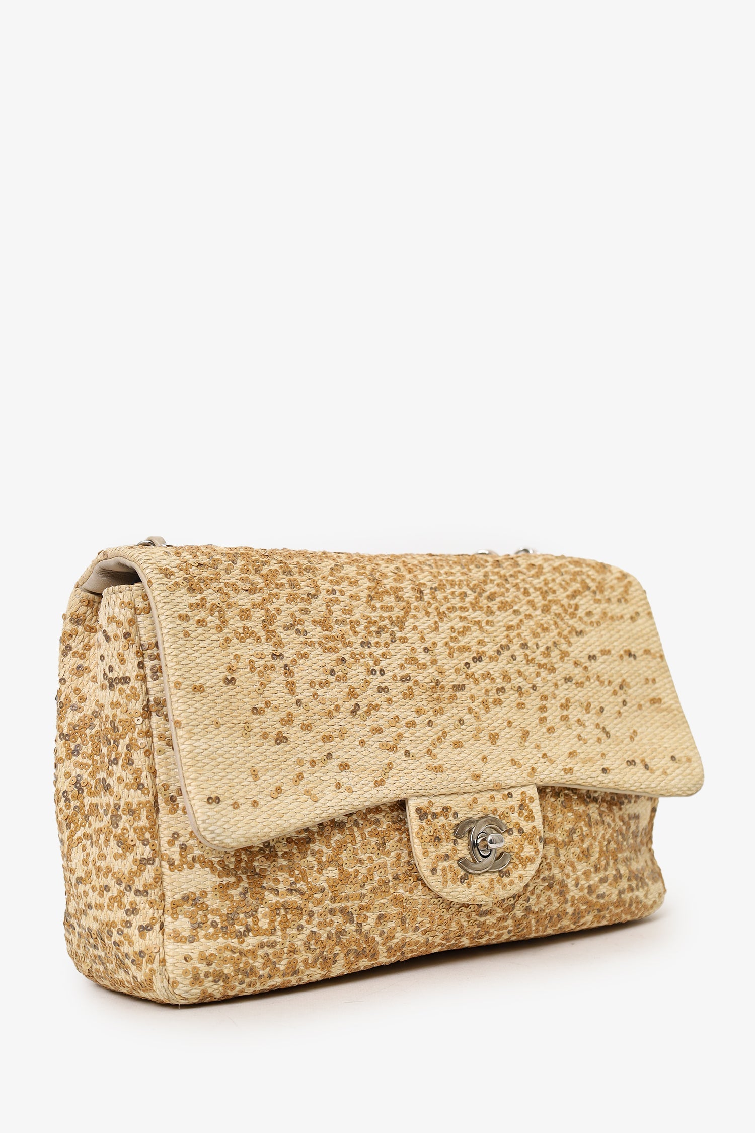 Pre-Loved Chanel™ 2013-14 Beige Raffia Sequin Small Single Flap Bag