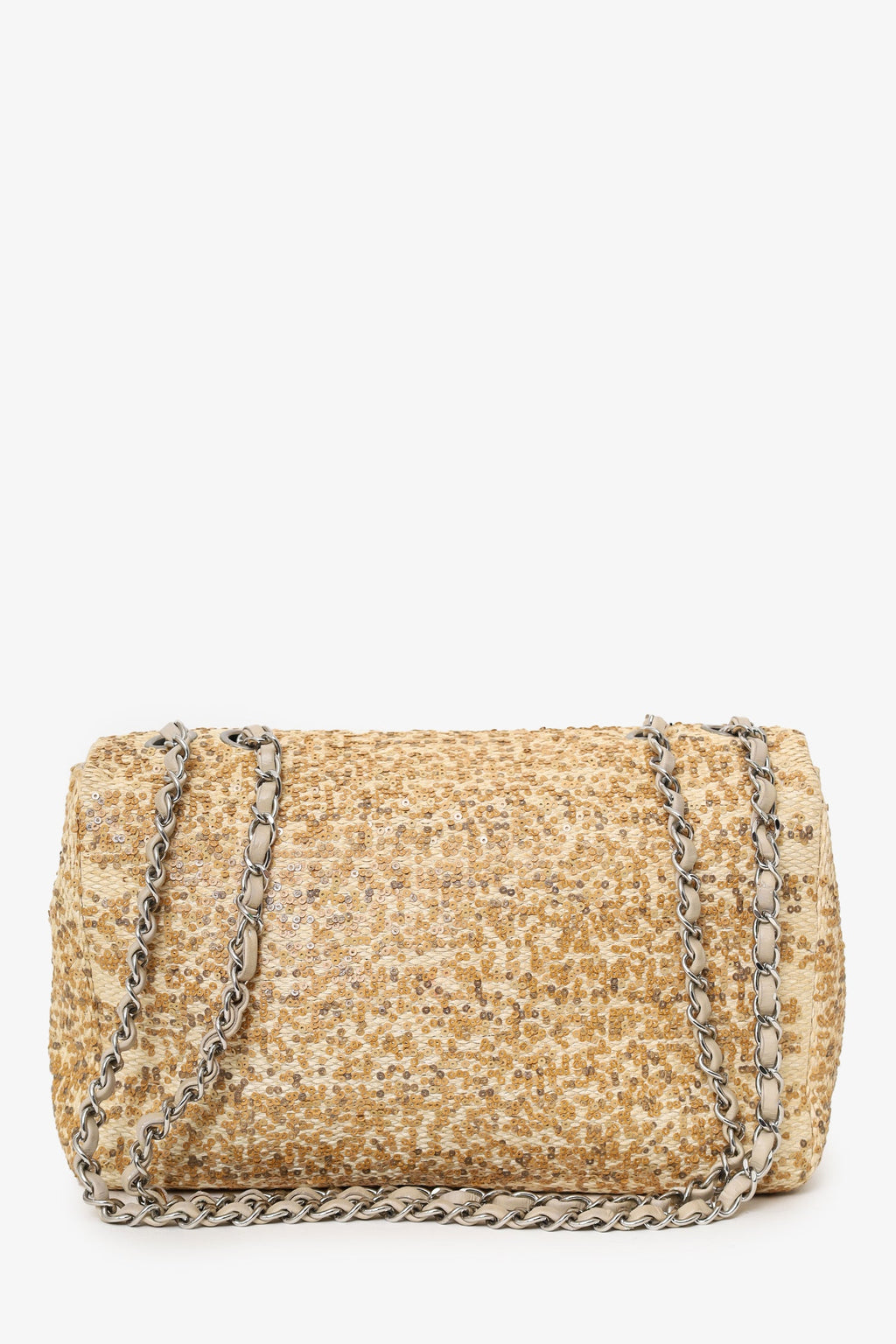 Pre-Loved Chanel™ 2013-14 Beige Raffia Sequin Small Single Flap Bag