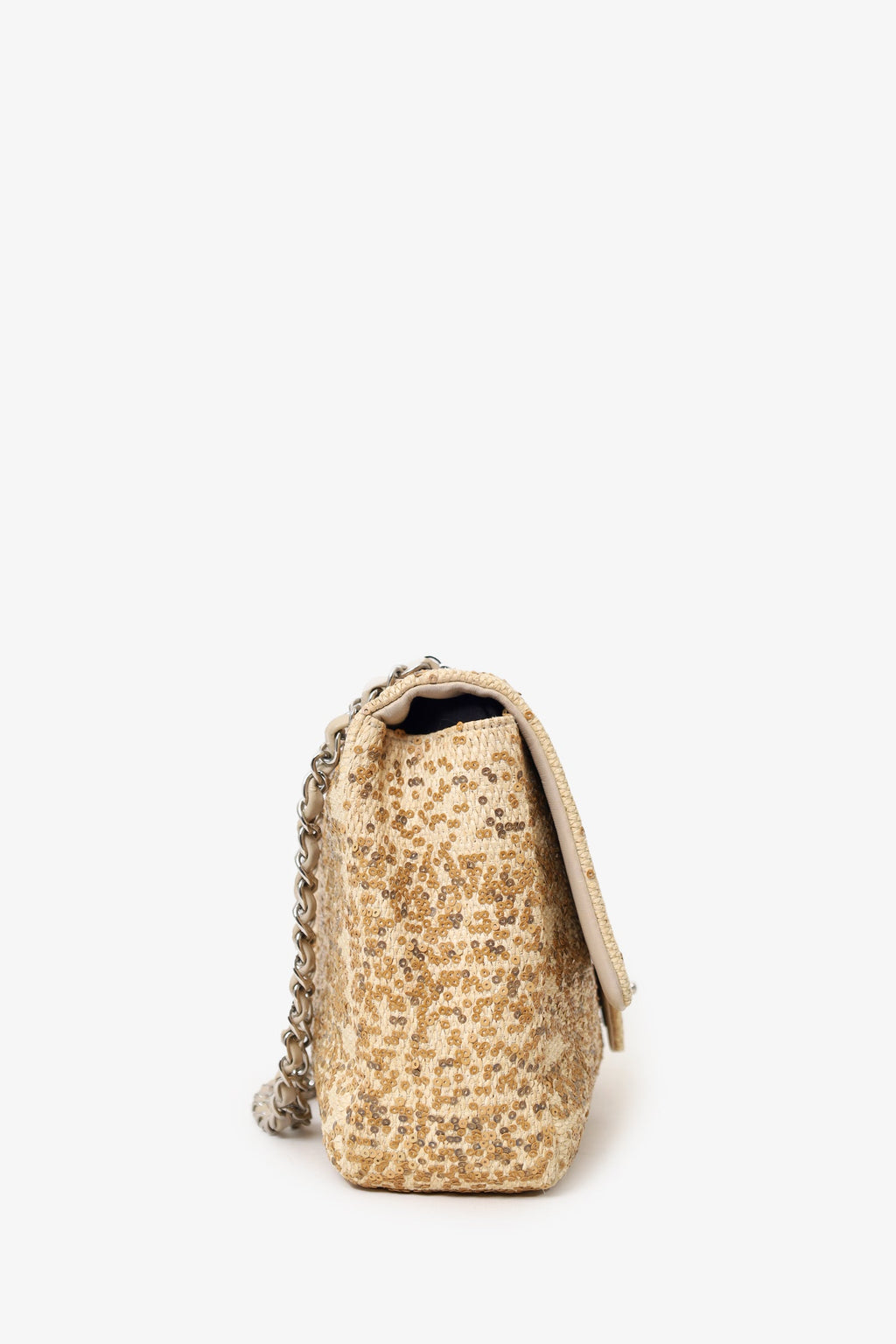 Pre-Loved Chanel™ 2013-14 Beige Raffia Sequin Small Single Flap Bag