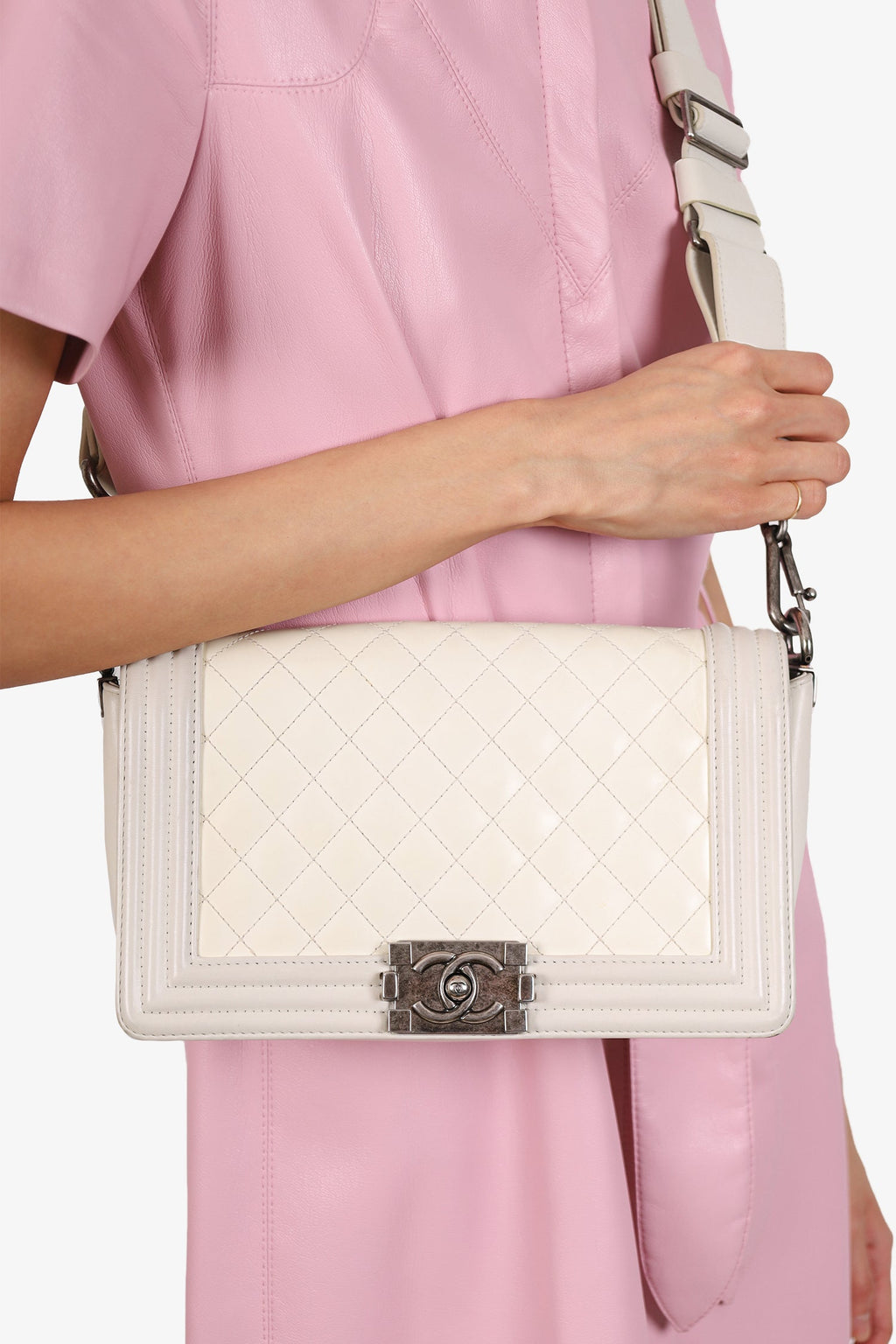 Pre-Loved Chanel™ 2012 Limited Edition White Leather Medium Boy Bag with Metal Strap