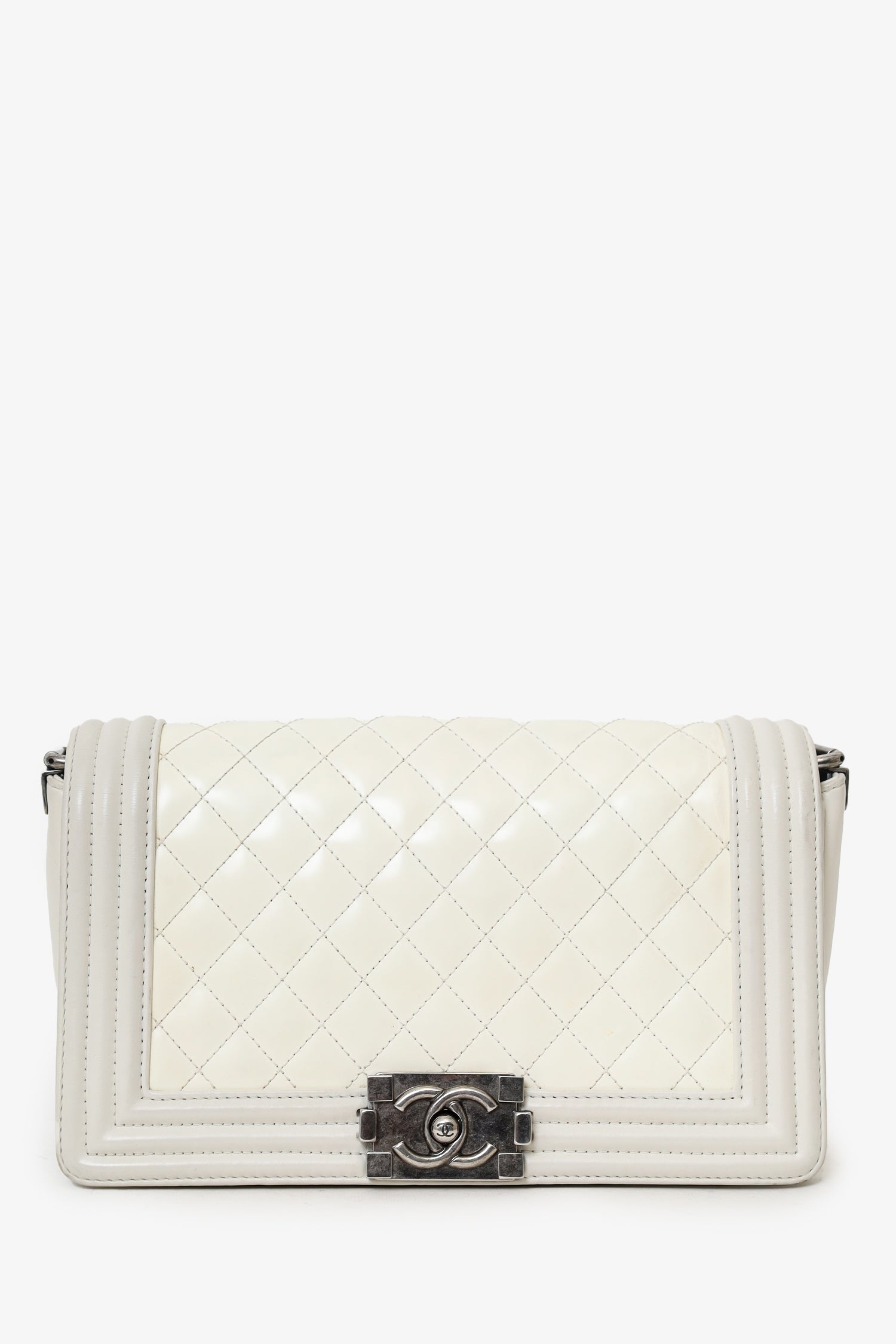 Pre-Loved Chanel™ 2012 Limited Edition White Leather Medium Boy Bag with Metal Strap