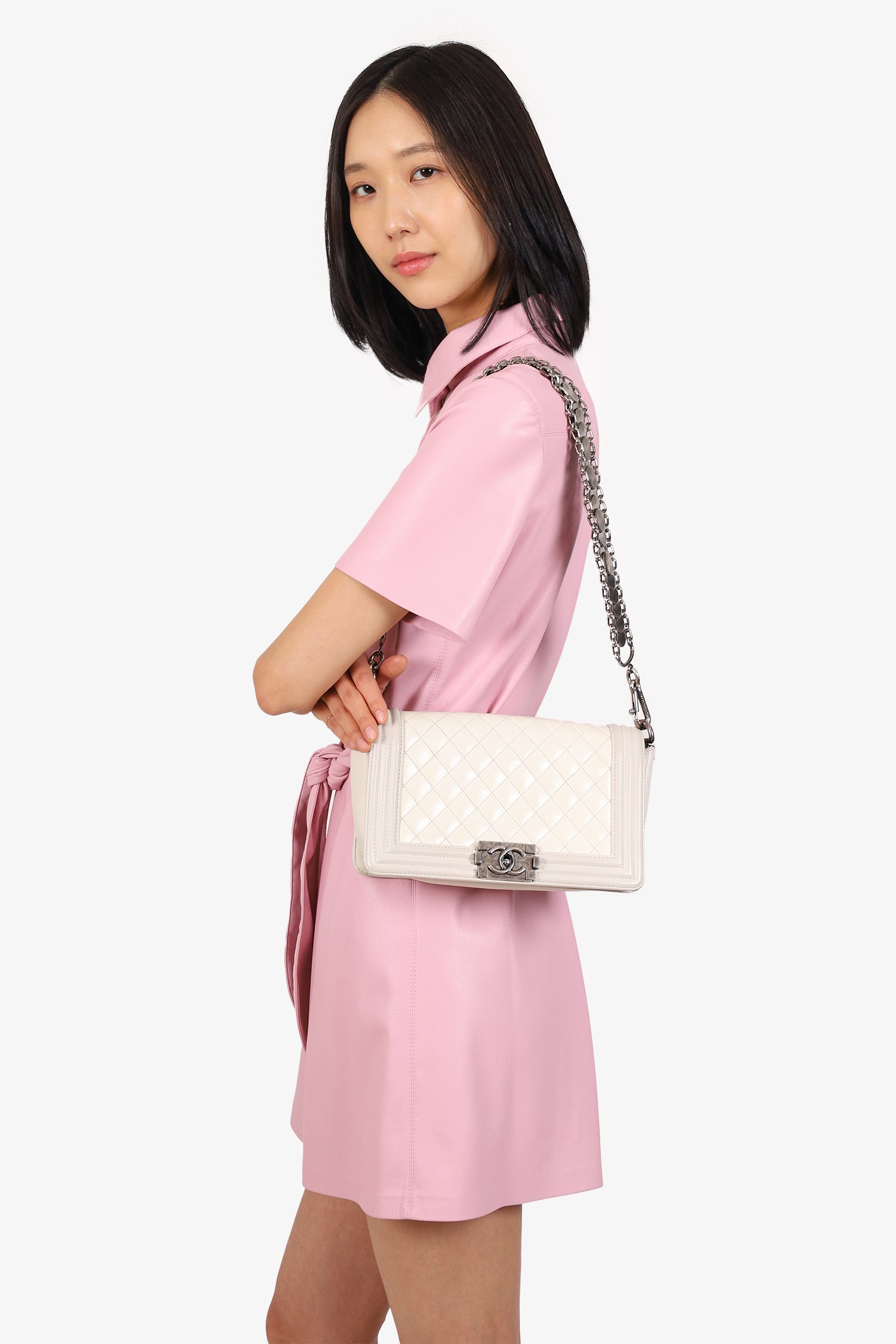 Pre-Loved Chanel™ 2012 Limited Edition White Leather Medium Boy Bag with Metal Strap