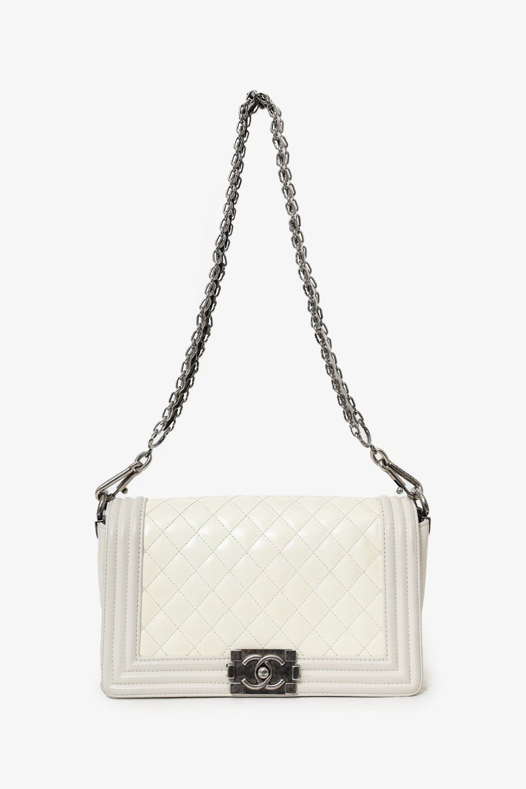 Pre-Loved Chanel™ 2012 Limited Edition White Leather Medium Boy Bag with Metal Strap