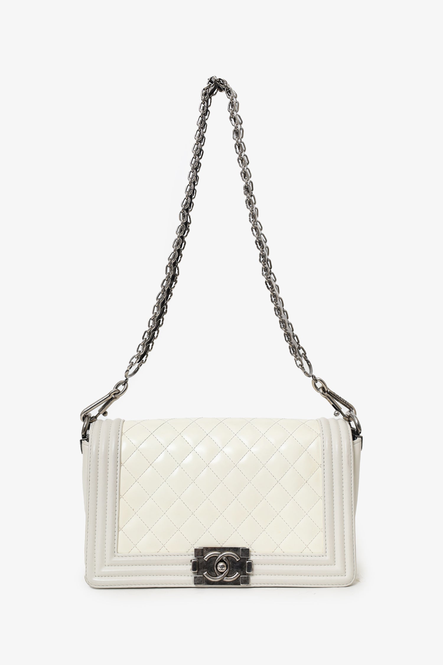 Pre-Loved Chanel™ 2012 Limited Edition White Leather Medium Boy Bag with Metal Strap