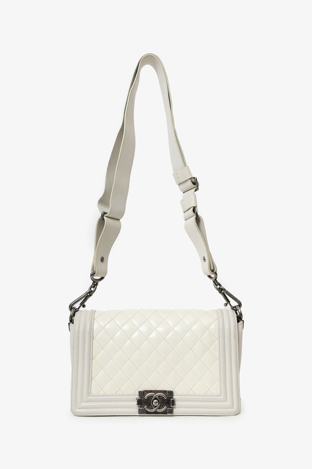 Pre-Loved Chanel™ 2012 Limited Edition White Leather Medium Boy Bag with Metal Strap