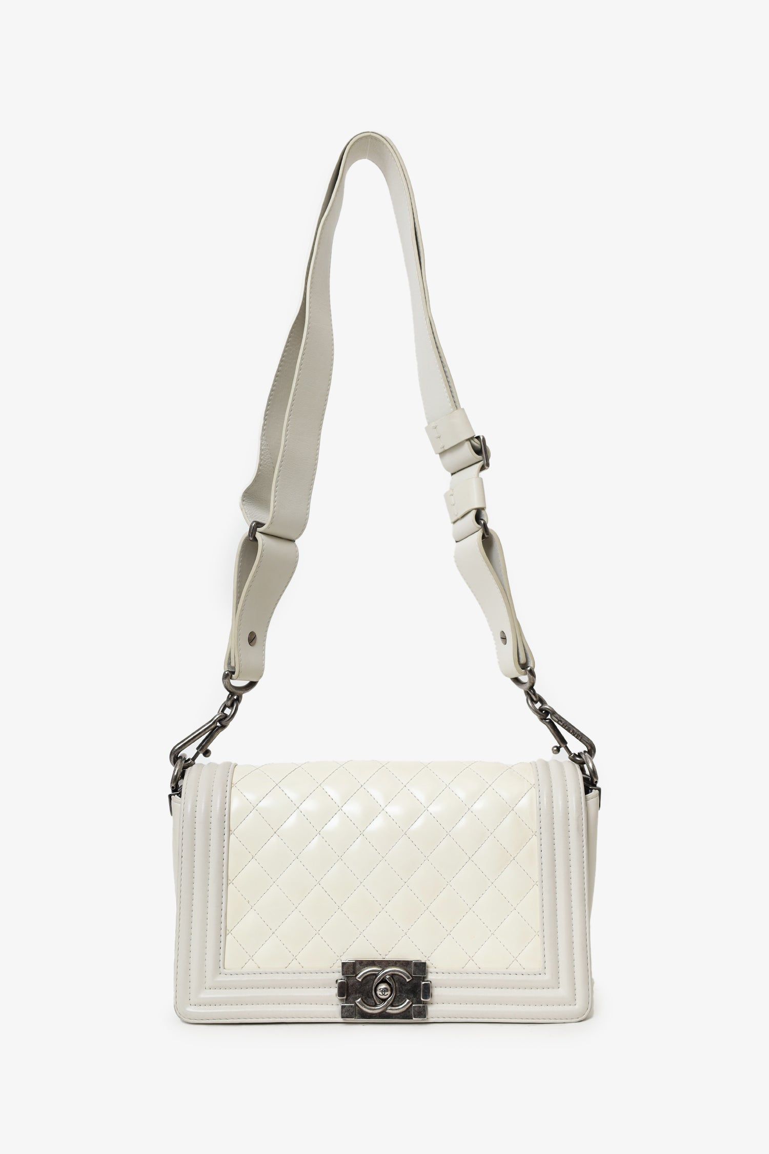 Pre-Loved Chanel™ 2012 Limited Edition White Leather Medium Boy Bag with Metal Strap