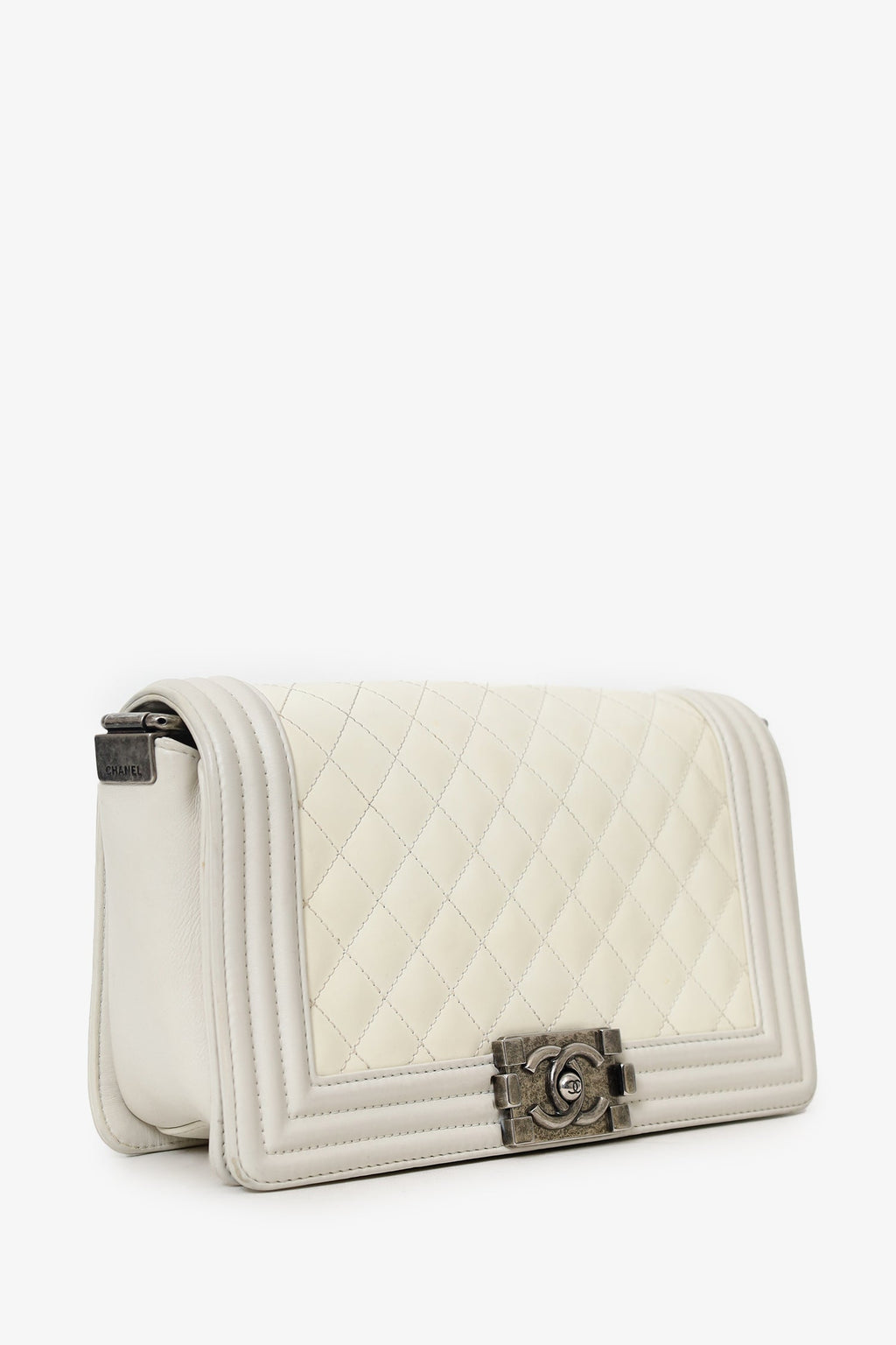 Pre-Loved Chanel™ 2012 Limited Edition White Leather Medium Boy Bag with Metal Strap