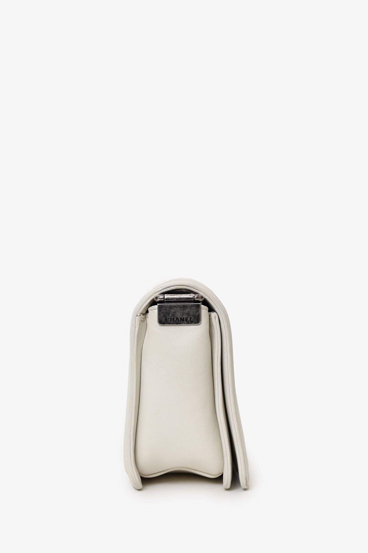 Pre-Loved Chanel™ 2012 Limited Edition White Leather Medium Boy Bag with Metal Strap