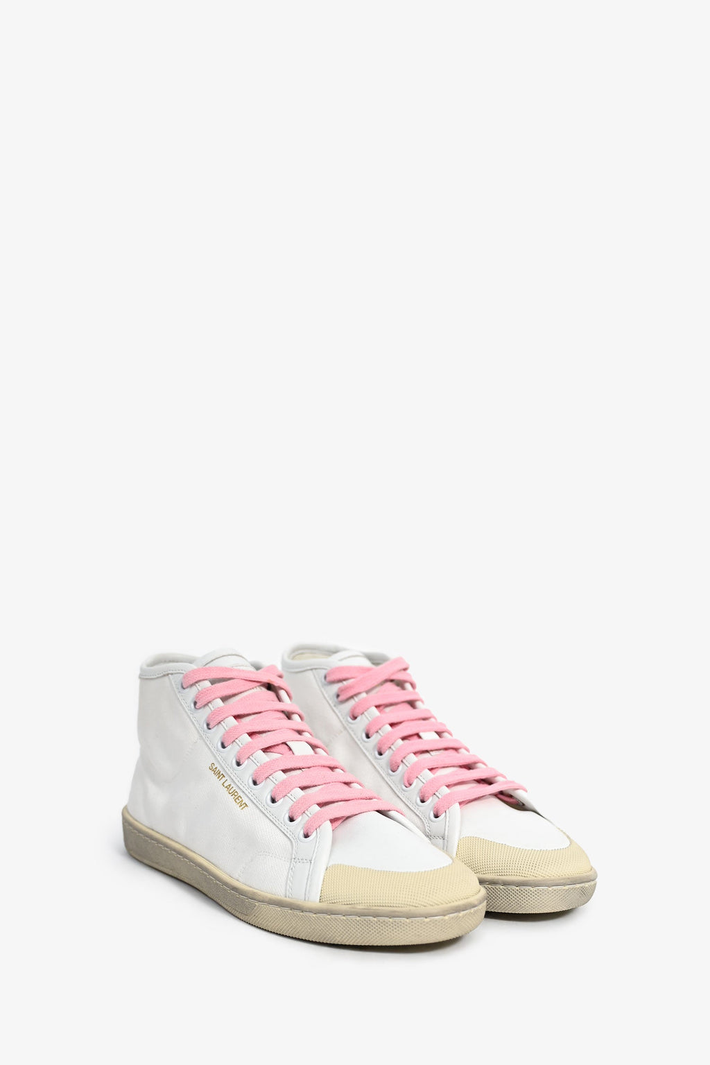 Saint Laurent White Canvas/Leather Pink Lace Mid Top Sneakers Size 37
