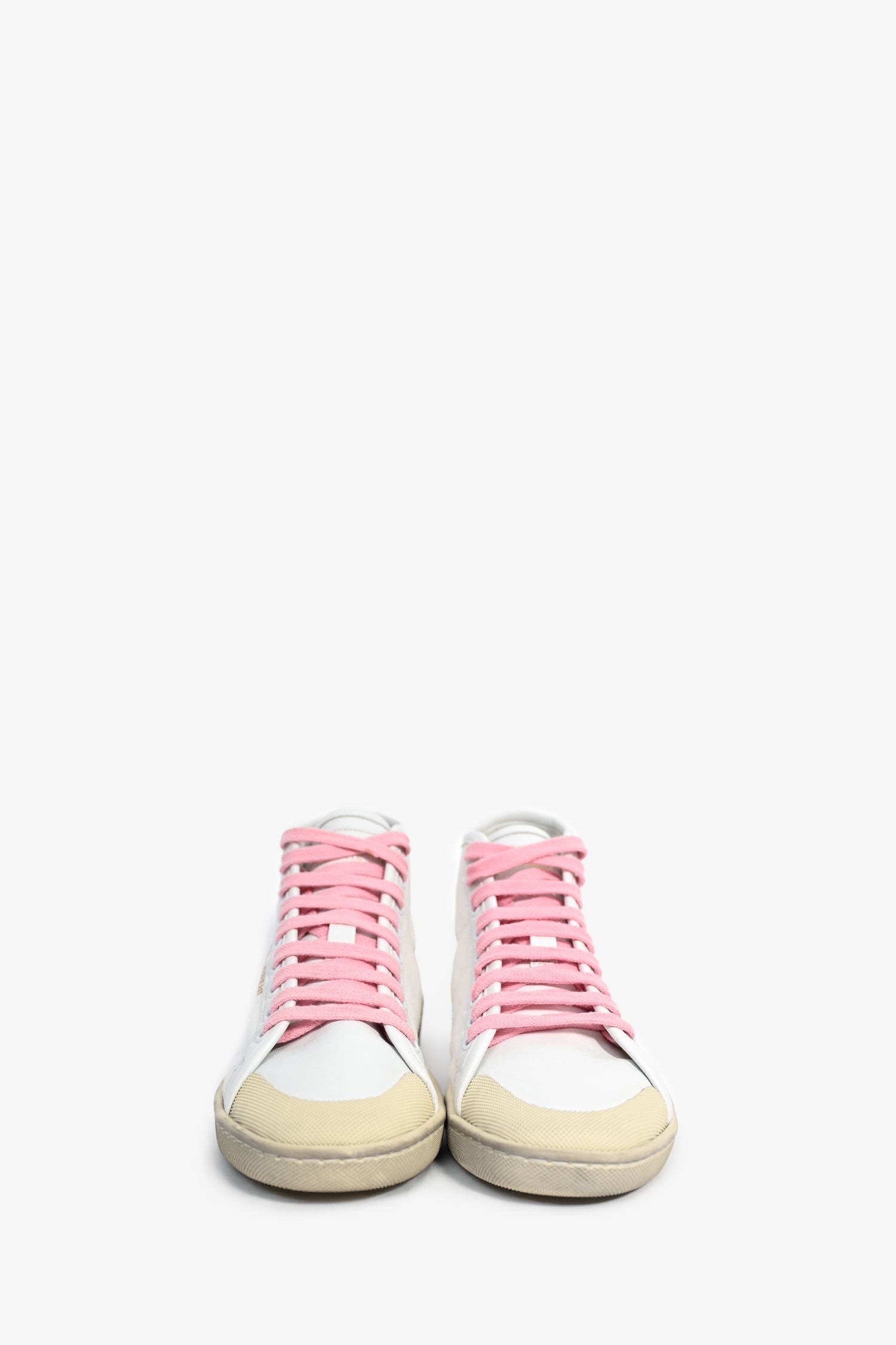 Saint Laurent White Canvas/Leather Pink Lace Mid Top Sneakers Size 37