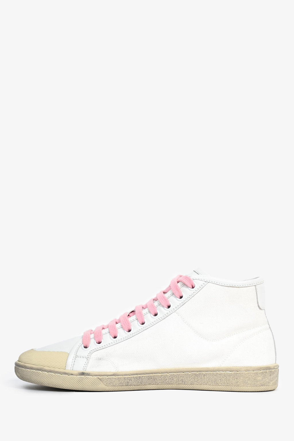 Saint Laurent White Canvas/Leather Pink Lace Mid Top Sneakers Size 37