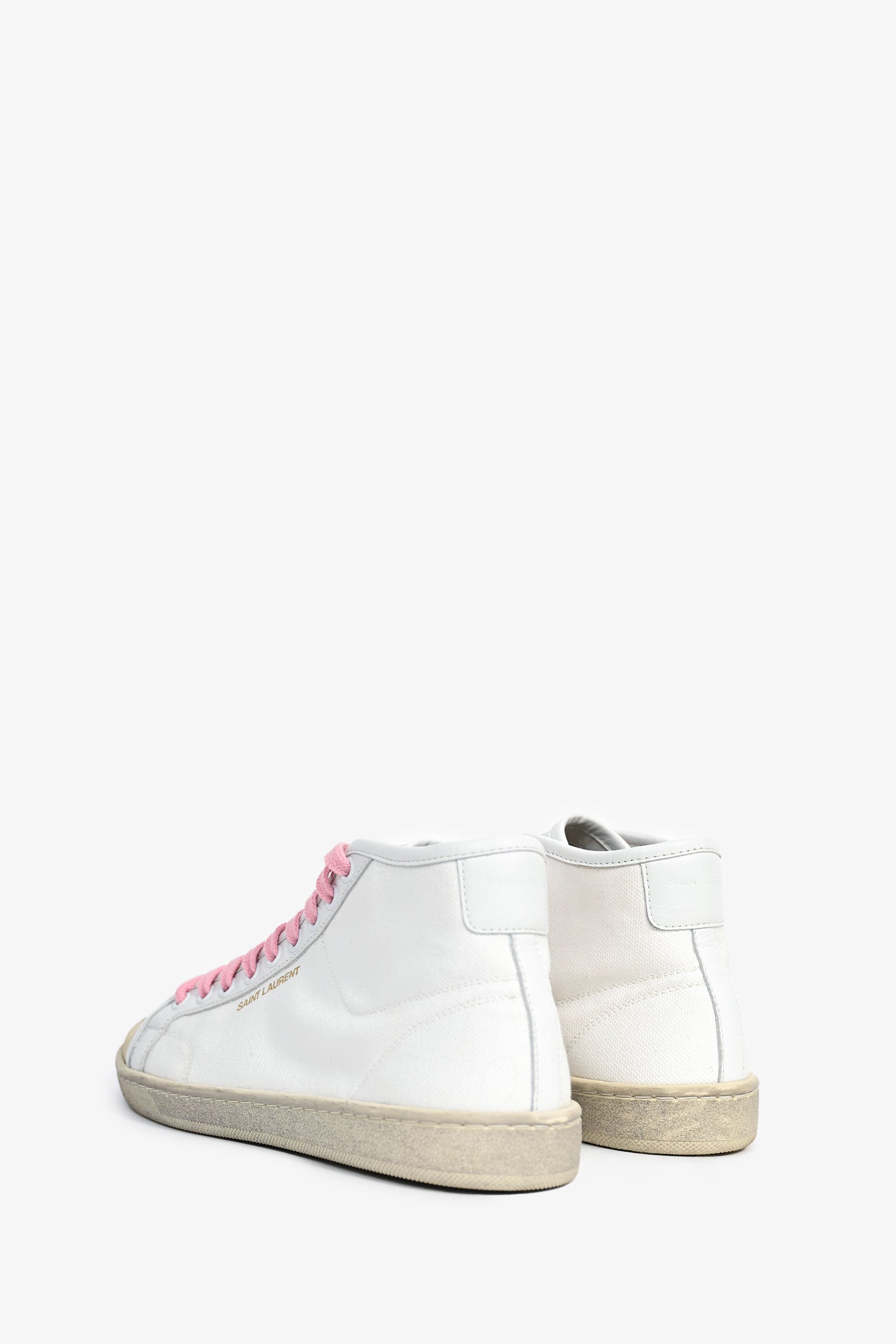 Saint Laurent White Canvas/Leather Pink Lace Mid Top Sneakers Size 37