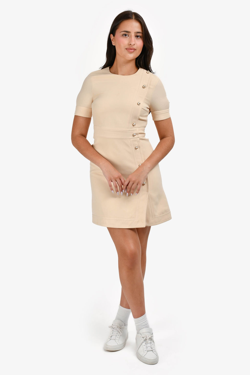 Gucci Cream Silk/Wool Blend Pearl Button GG Short Sleeves Shift Dress Size 40