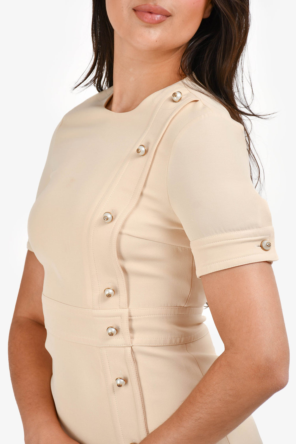 Gucci Cream Silk/Wool Blend Pearl Button GG Short Sleeves Shift Dress Size 40