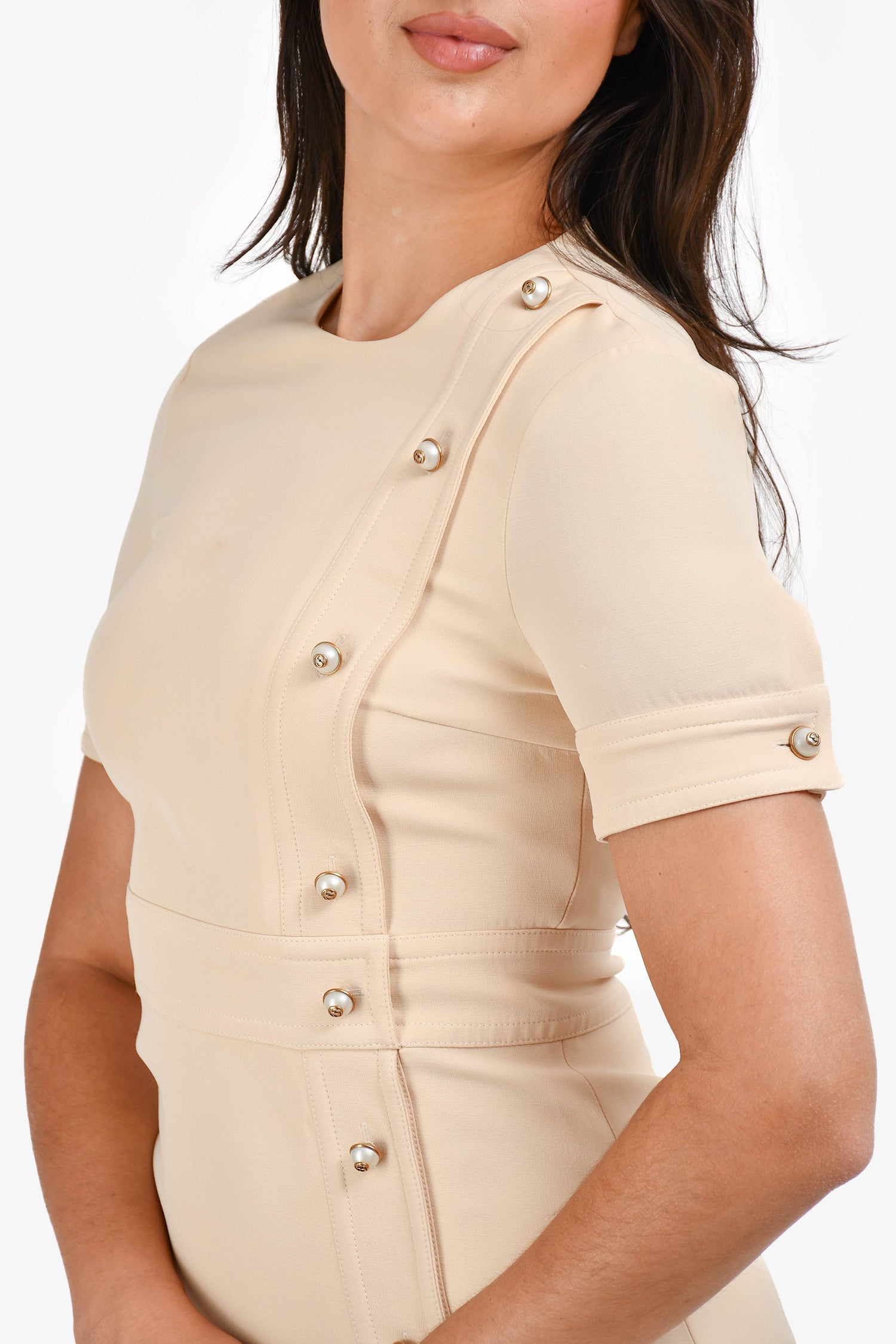 Gucci Cream Silk/Wool Blend Pearl Button GG Short Sleeves Shift Dress Size 40