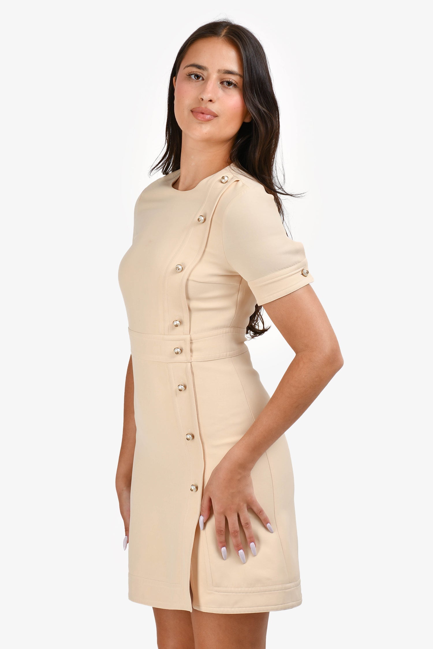 Gucci Cream Silk/Wool Blend Pearl Button GG Short Sleeves Shift Dress Size 40