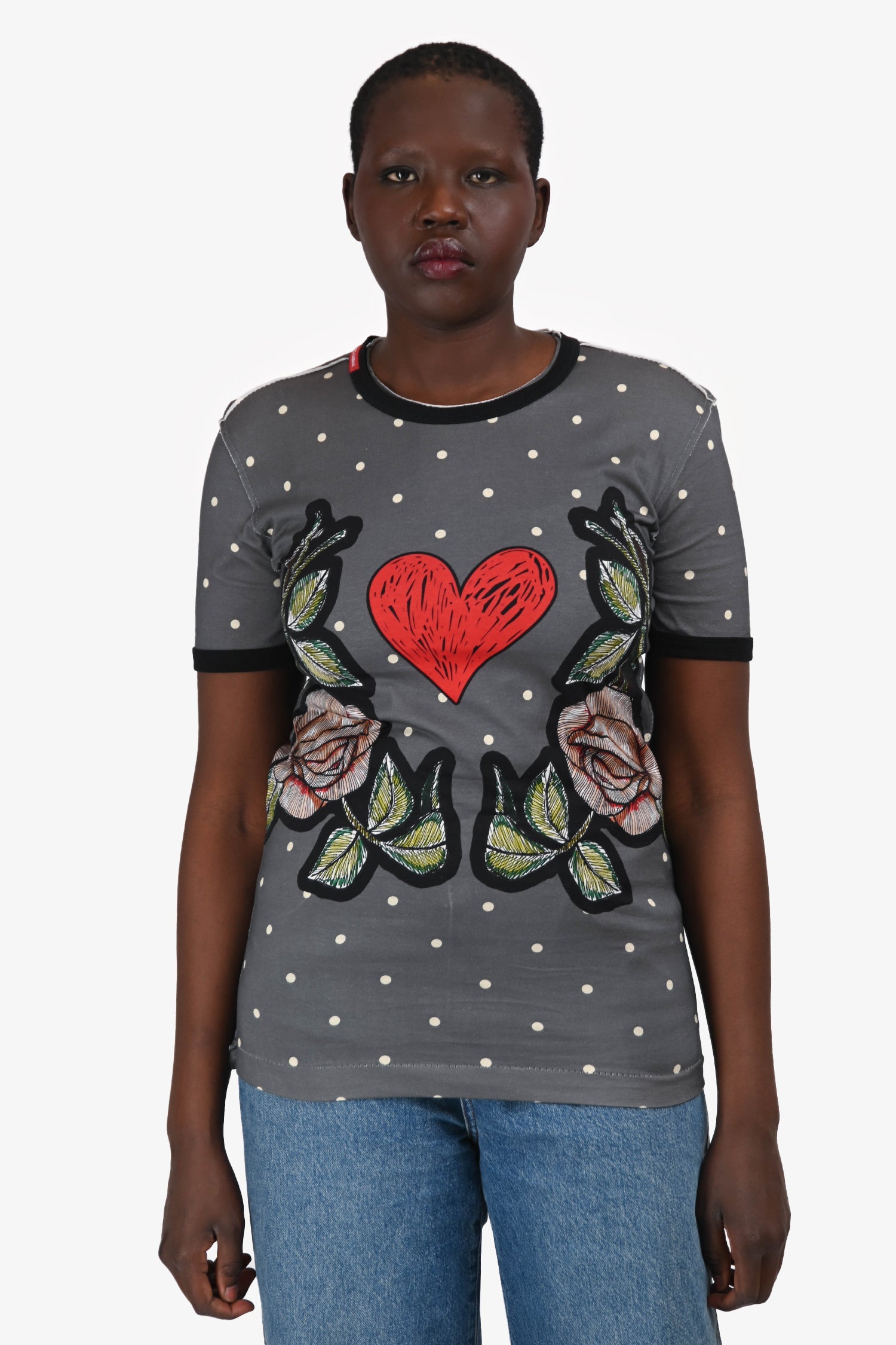 Dolce & Gabbana Grey Polka Dot Rose Print T-Shirt Size 44