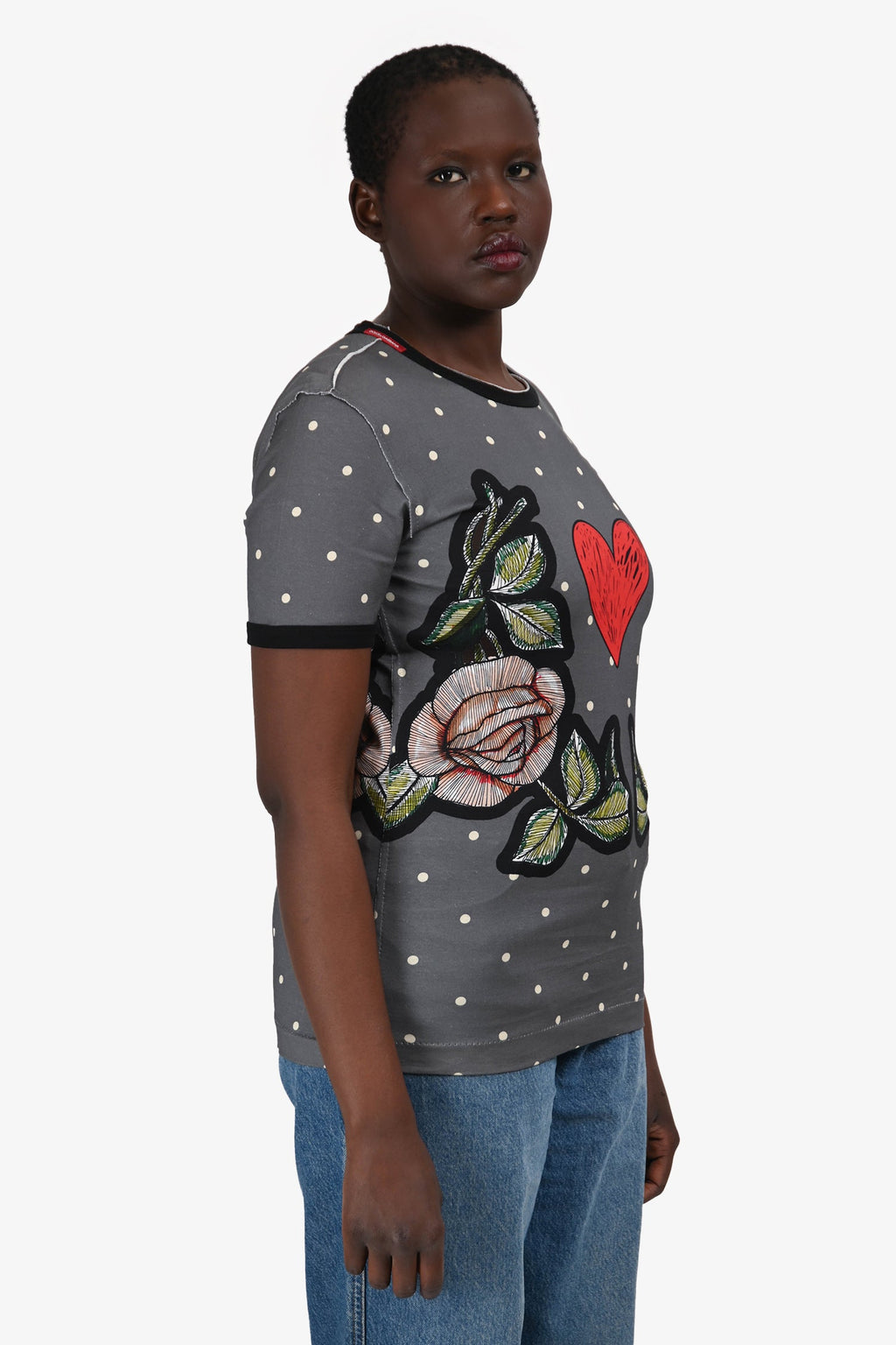 Dolce & Gabbana Grey Polka Dot Rose Print T-Shirt Size 44