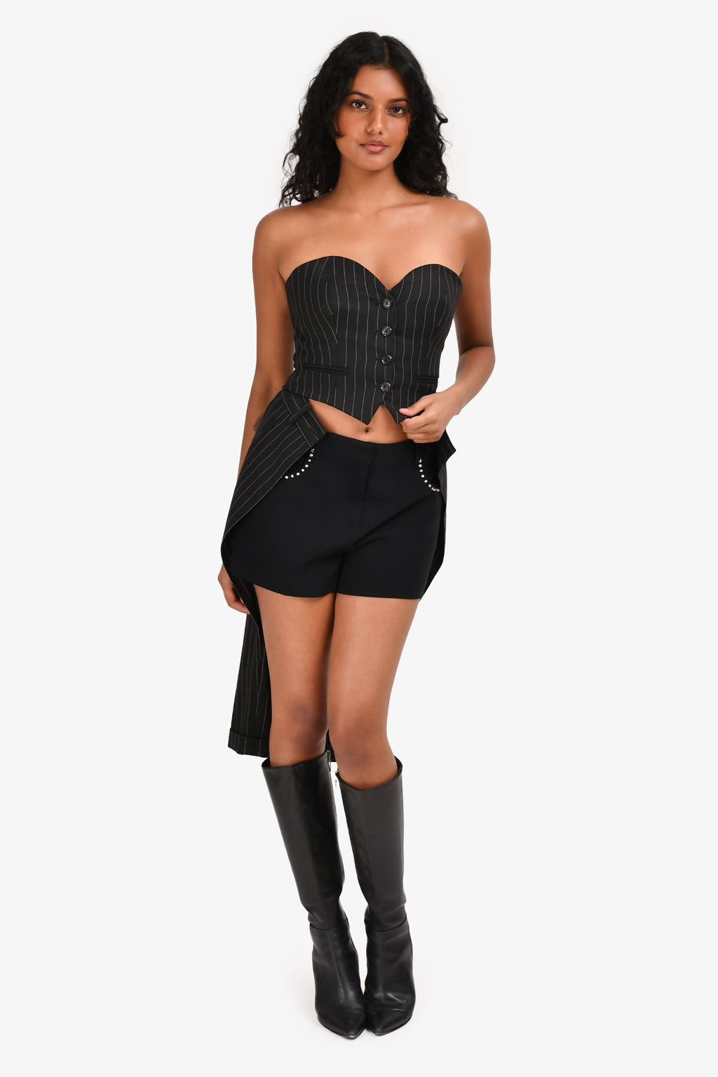 Moschino Black Pinstripe Buttoned Corset Fake Pants Top Size 4