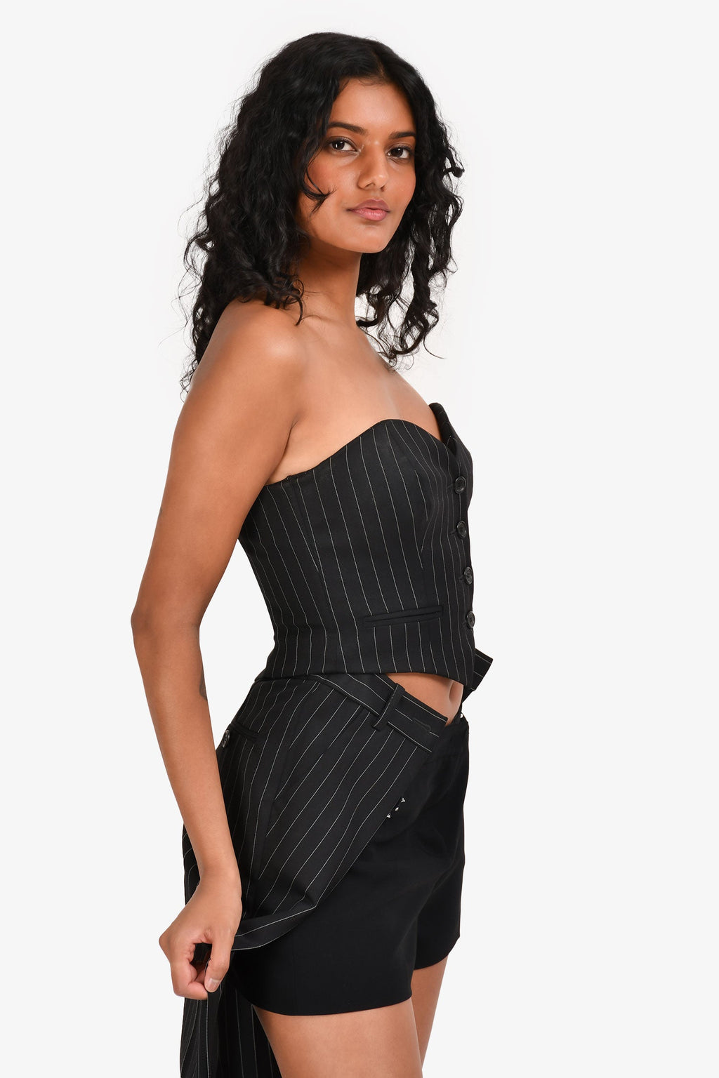 Moschino Black Pinstripe Buttoned Corset Fake Pants Top Size 4