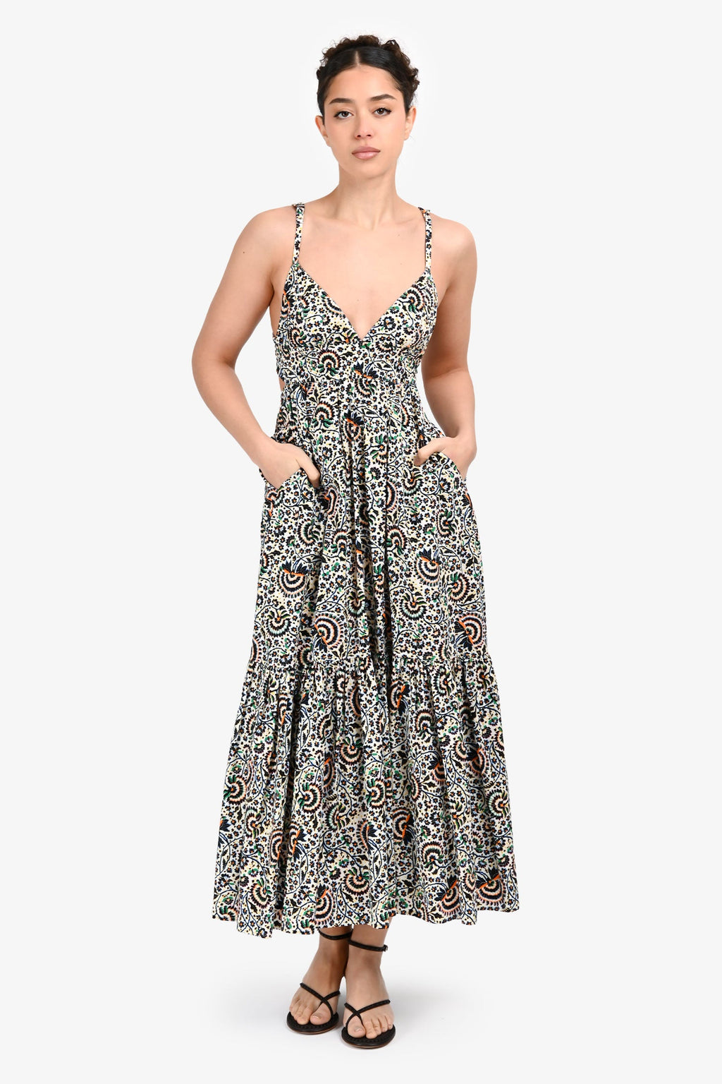 A.L.C. White/Black Floral Print Tiered Maxi Dress Size 2