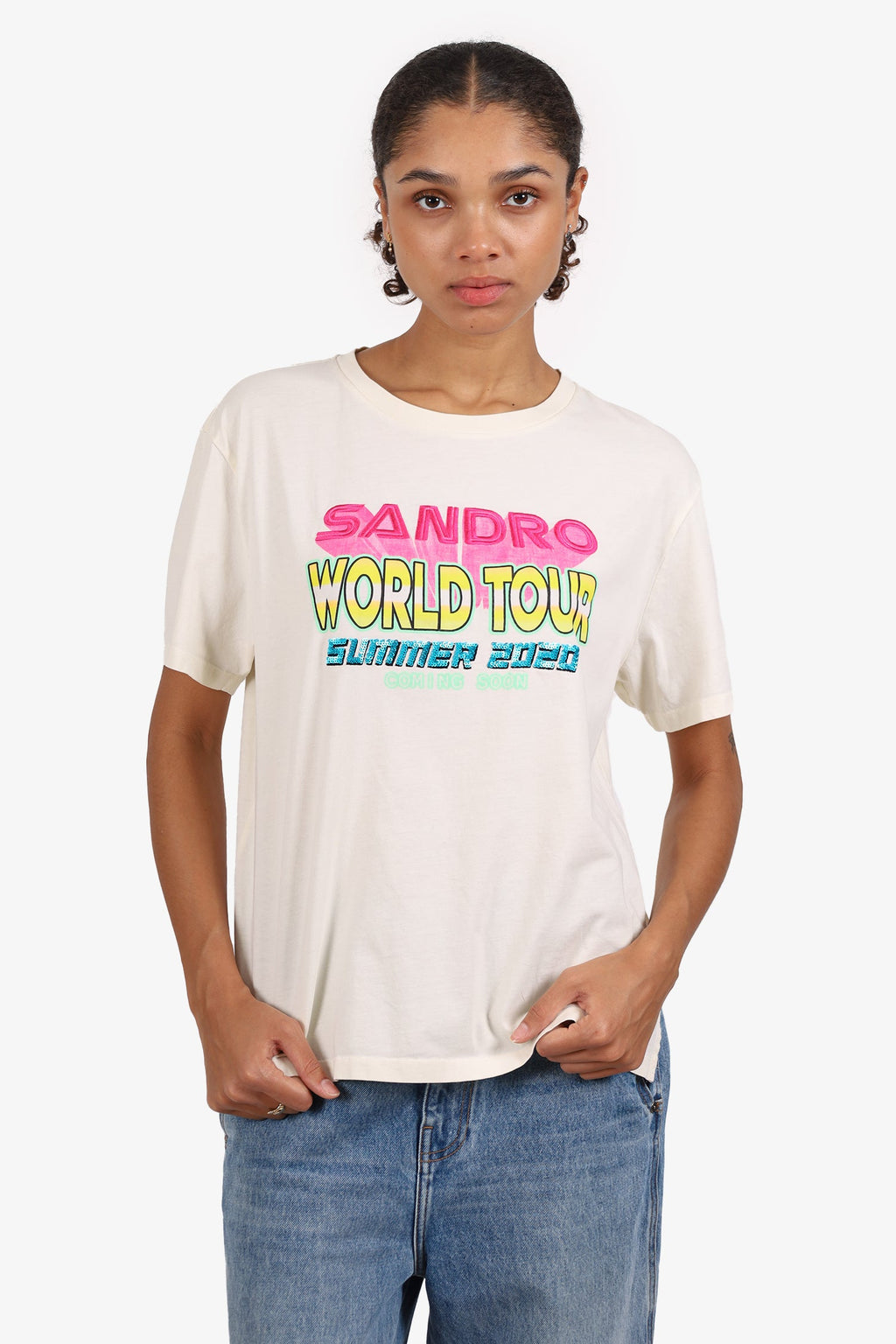 Sandro Cream/Multicolour Sequinned Embroidered "Summer 2020" T-Shirt Size 3