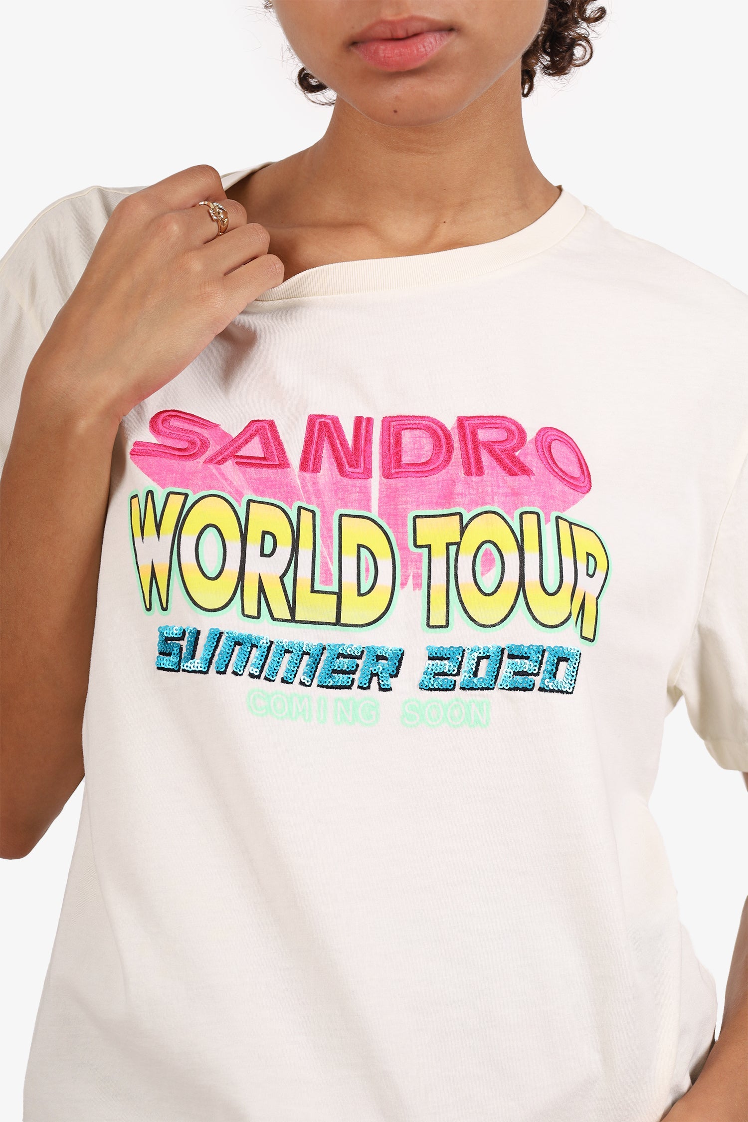 Sandro Cream/Multicolour Sequinned Embroidered "Summer 2020" T-Shirt Size 3