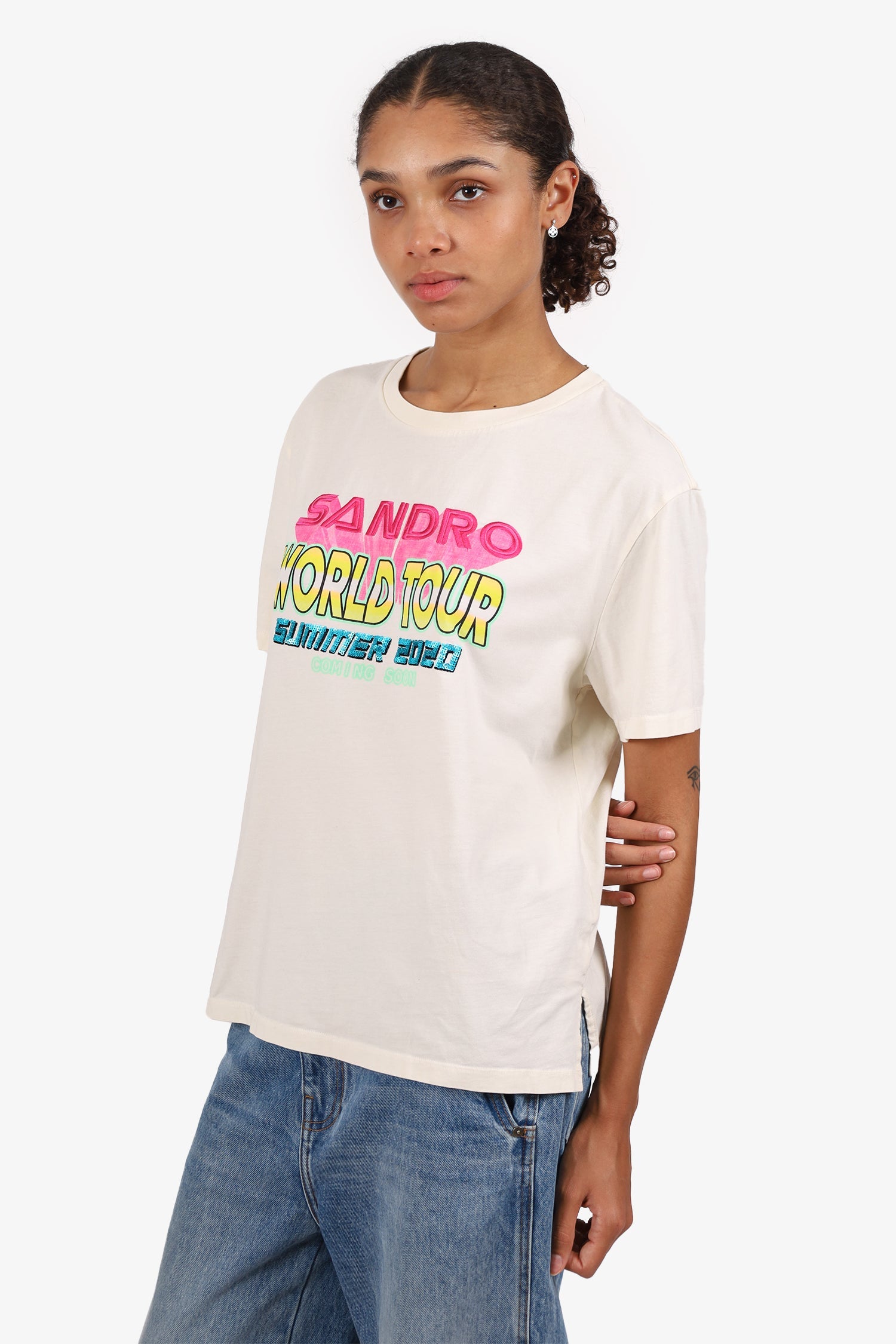 Sandro Cream/Multicolour Sequinned Embroidered "Summer 2020" T-Shirt Size 3