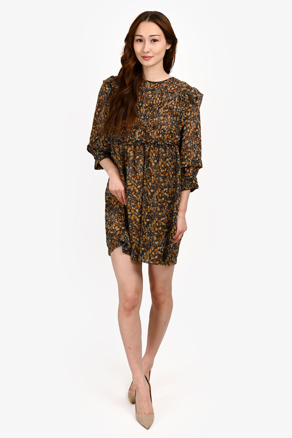 Ba&sh Brown/Orange Printed Puff Sleeve Mini Dress Size XS