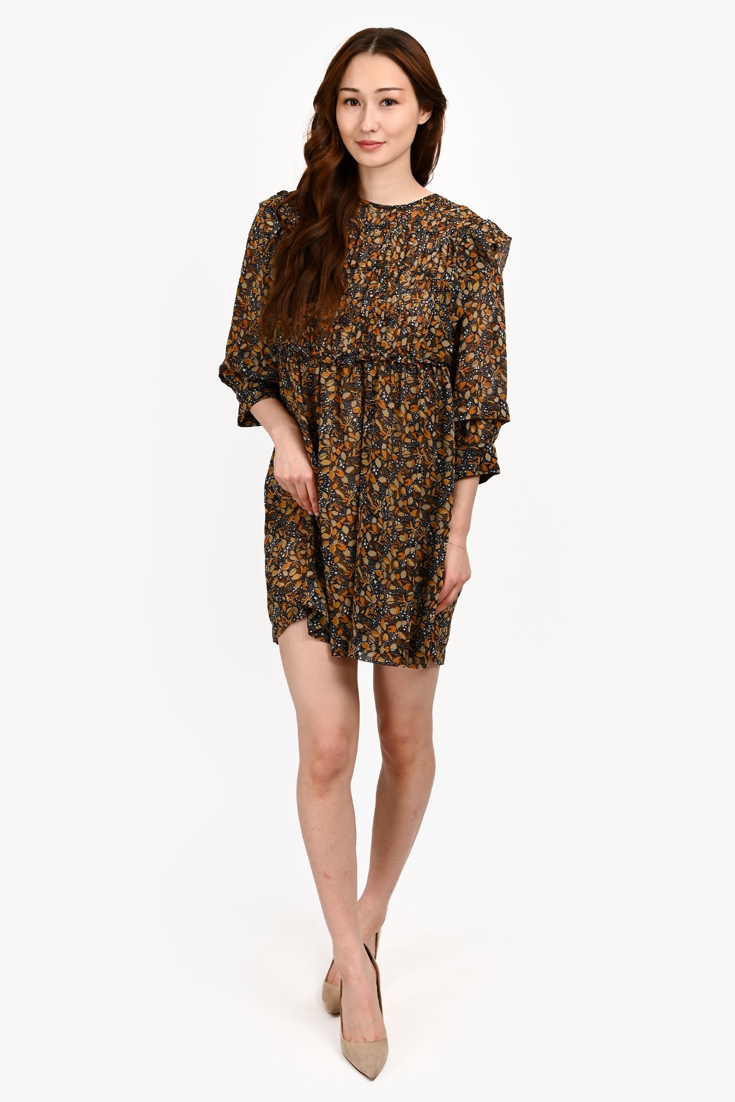 Ba&sh Brown/Orange Printed Puff Sleeve Mini Dress Size XS