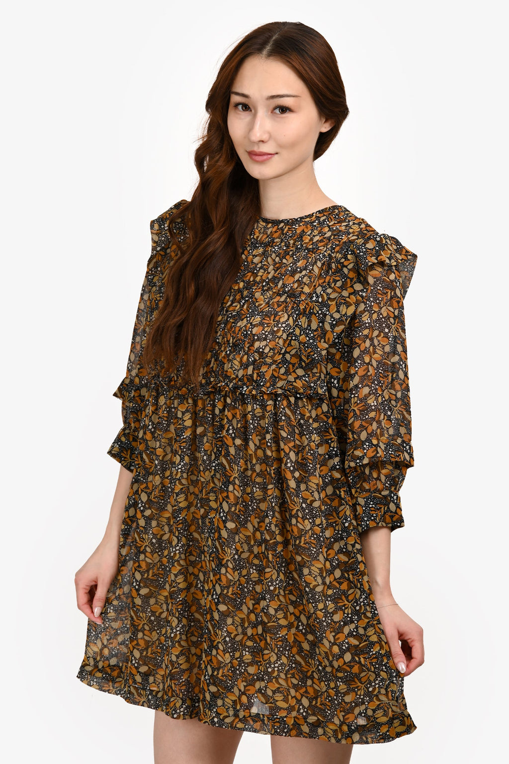 Ba&sh Brown/Orange Printed Puff Sleeve Mini Dress Size XS