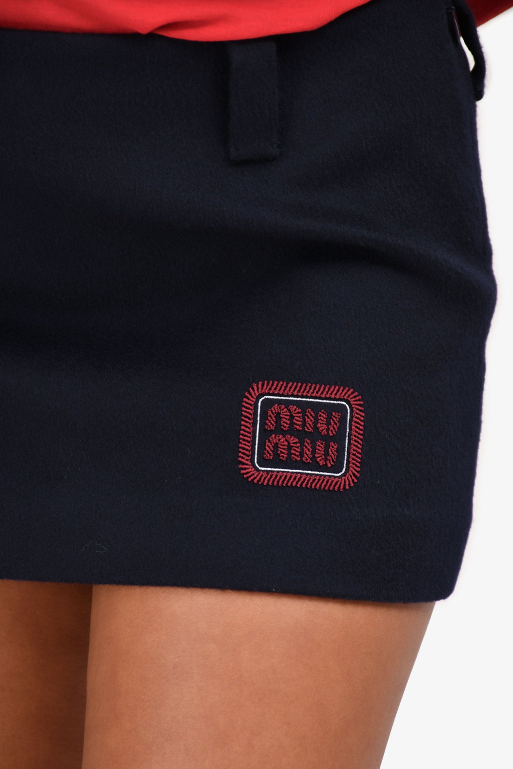 Miu Miu 2024 Navy Blue Wool/Cashmere Logo Mini Skirt Size 38