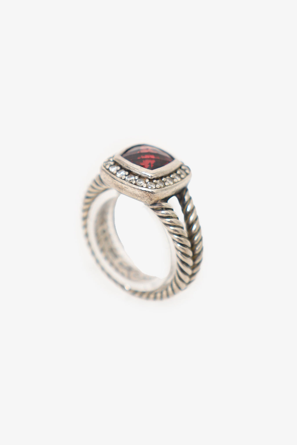 David Yurman Sterling Silver Garnet and Diamond Petite Albion Ring
