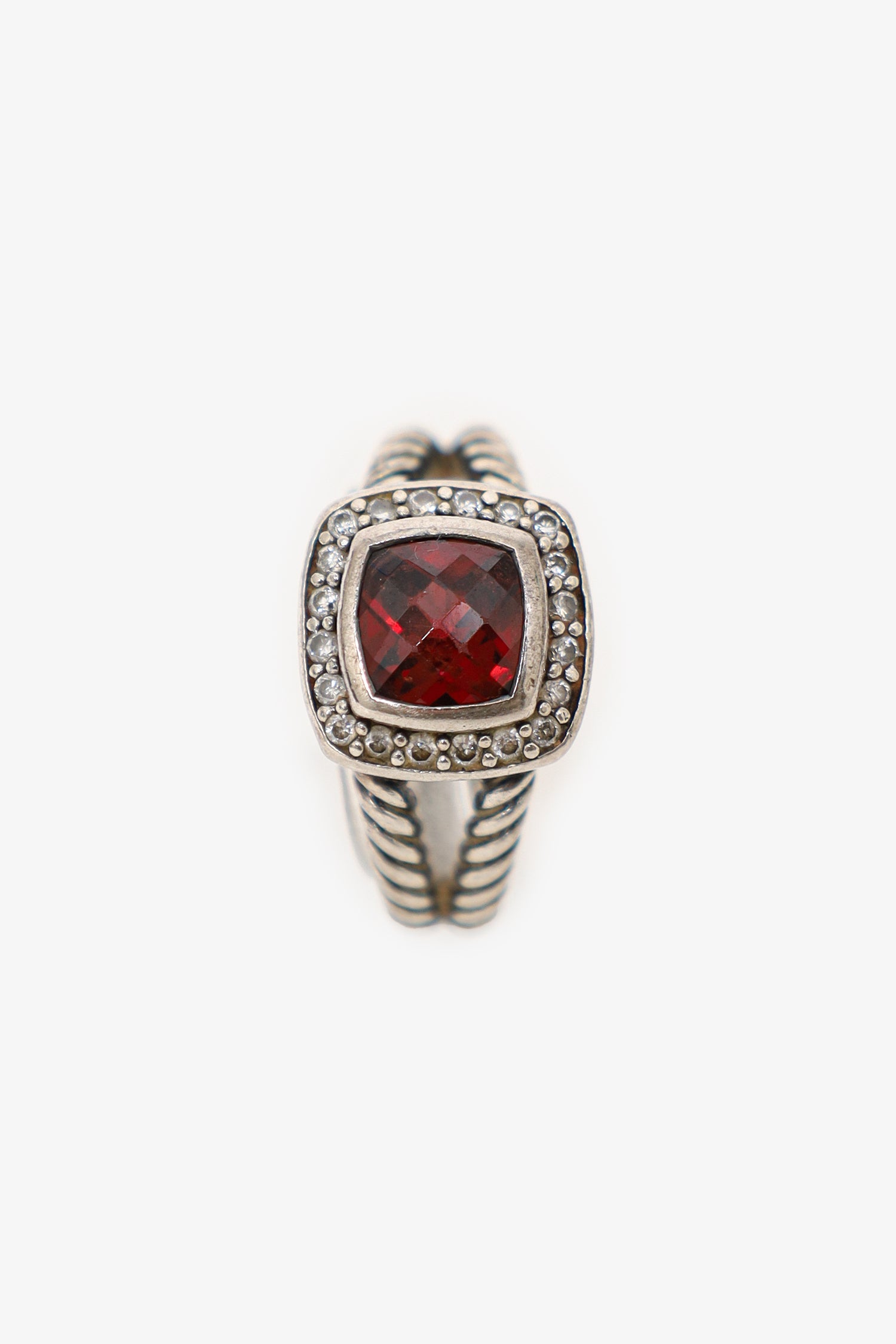 David Yurman Sterling Silver Garnet and Diamond Petite Albion Ring
