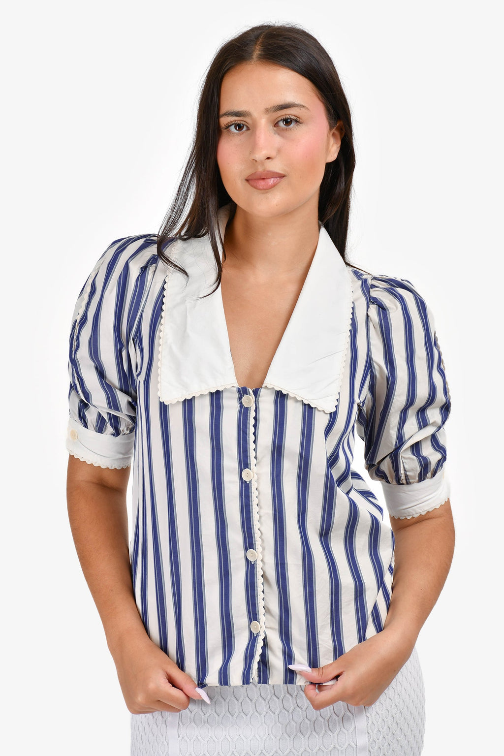 Sandro Blue/White Striped Quarter Sleeve Button Down Top Size 0