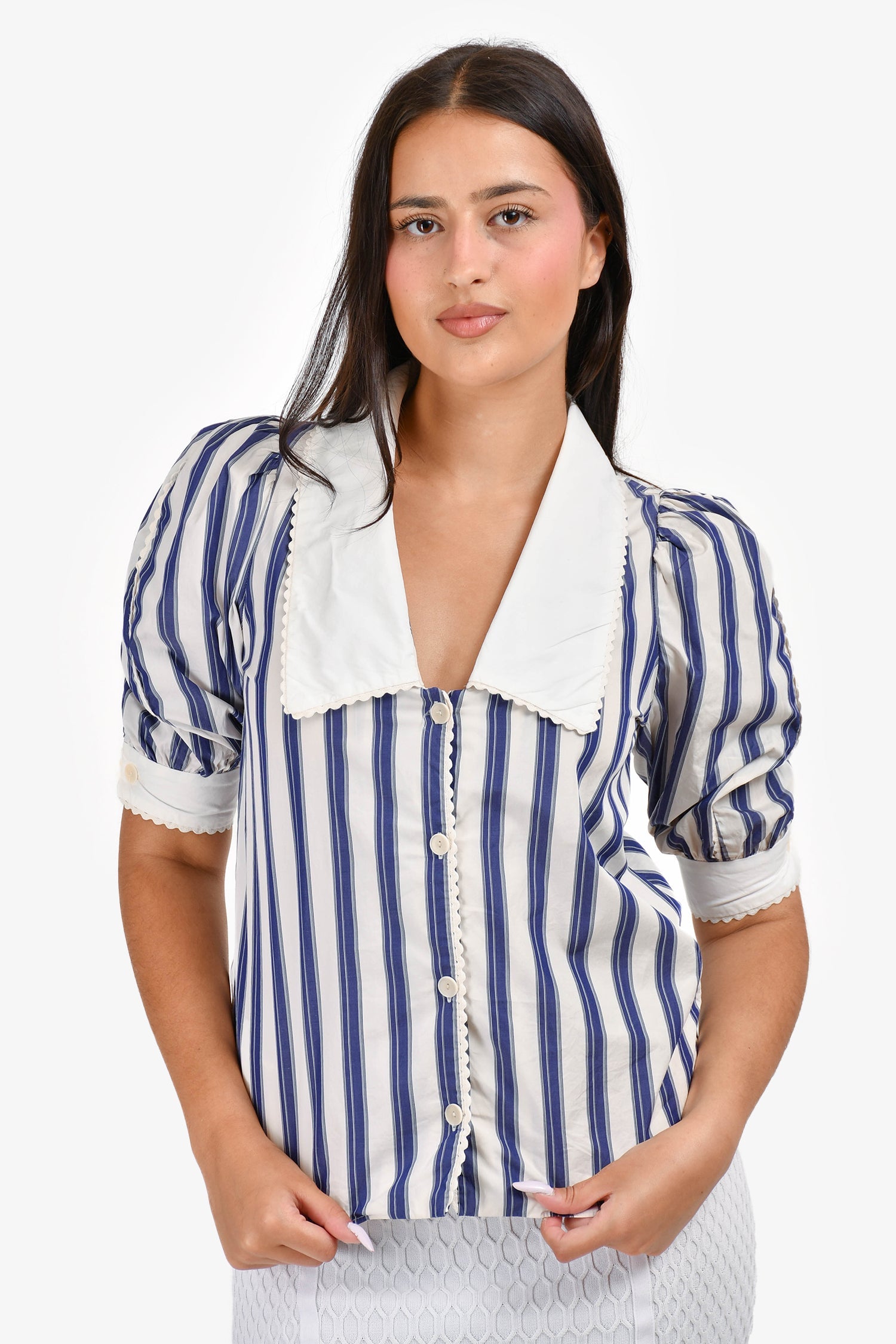 Sandro Blue/White Striped Quarter Sleeve Button Down Top Size 0