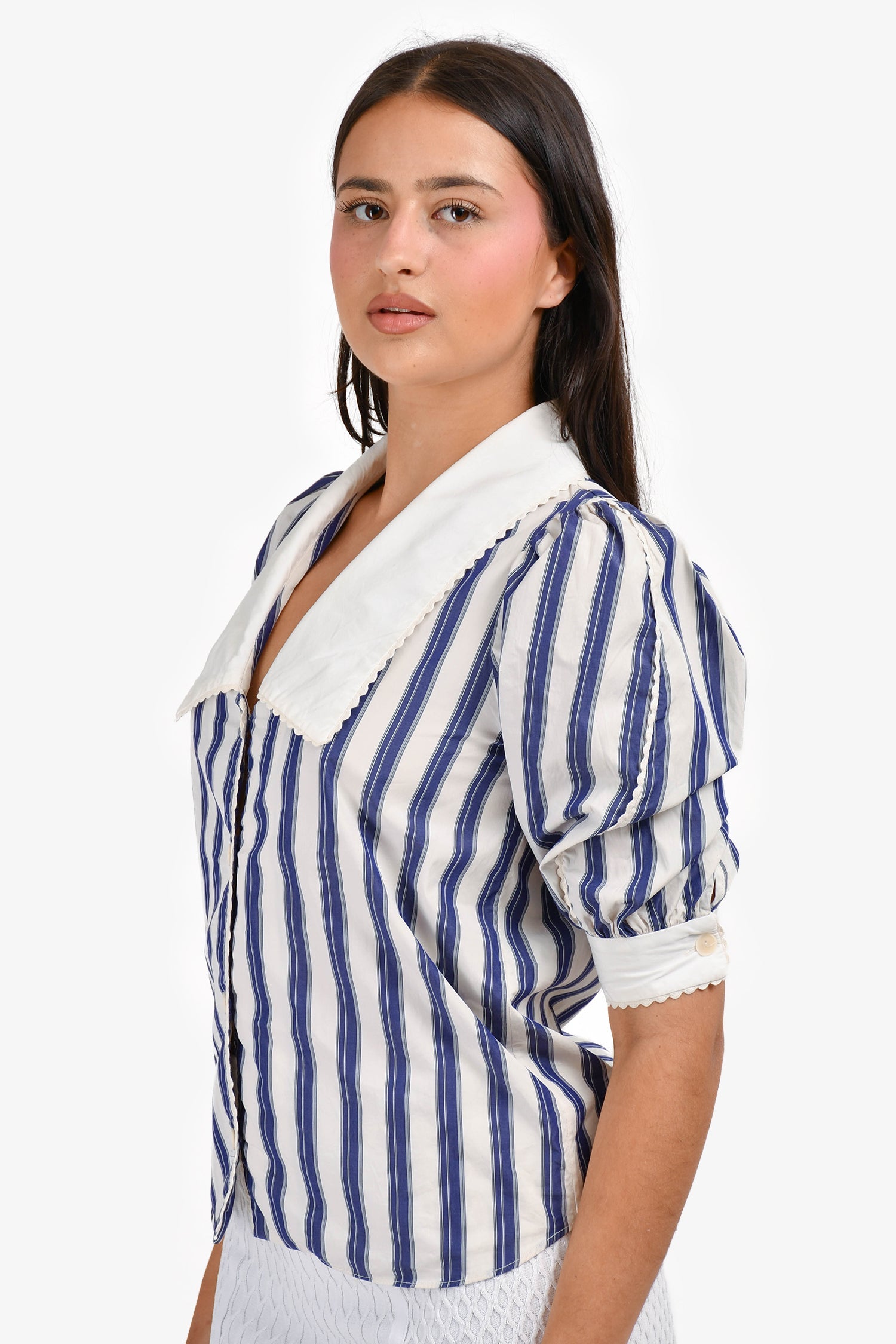 Sandro Blue/White Striped Quarter Sleeve Button Down Top Size 0