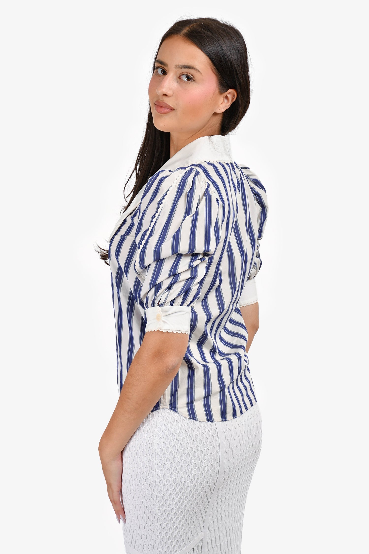 Sandro Blue/White Striped Quarter Sleeve Button Down Top Size 0