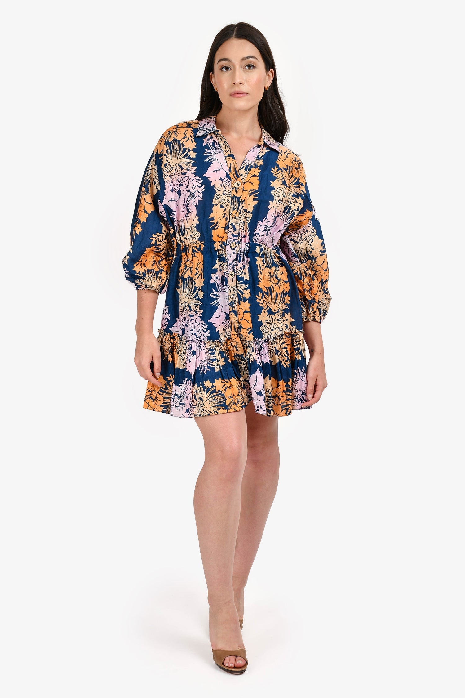 Sandro Navy/Orange/Purple Floral Cotton Long Sleeve Mini Dress Size 36