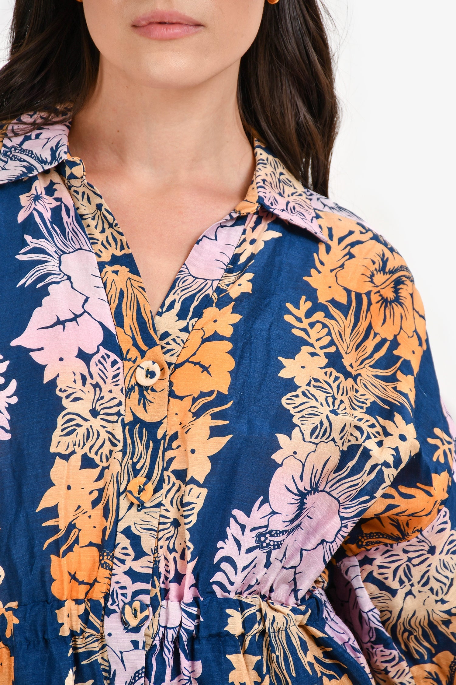 Sandro Navy/Orange/Purple Floral Cotton Long Sleeve Mini Dress Size 36