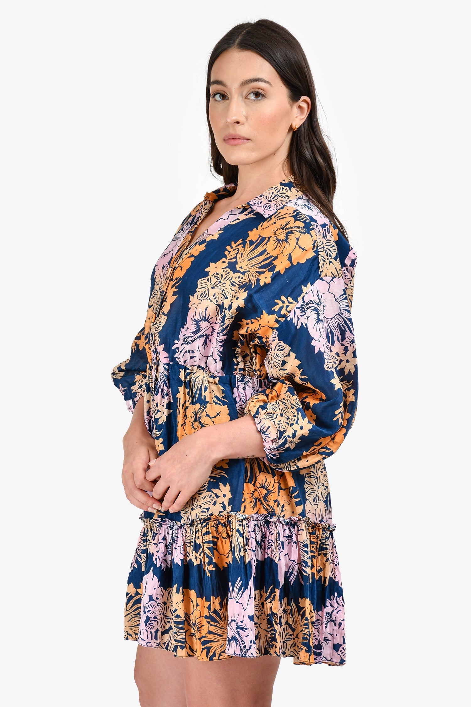 Sandro Navy/Orange/Purple Floral Cotton Long Sleeve Mini Dress Size 36