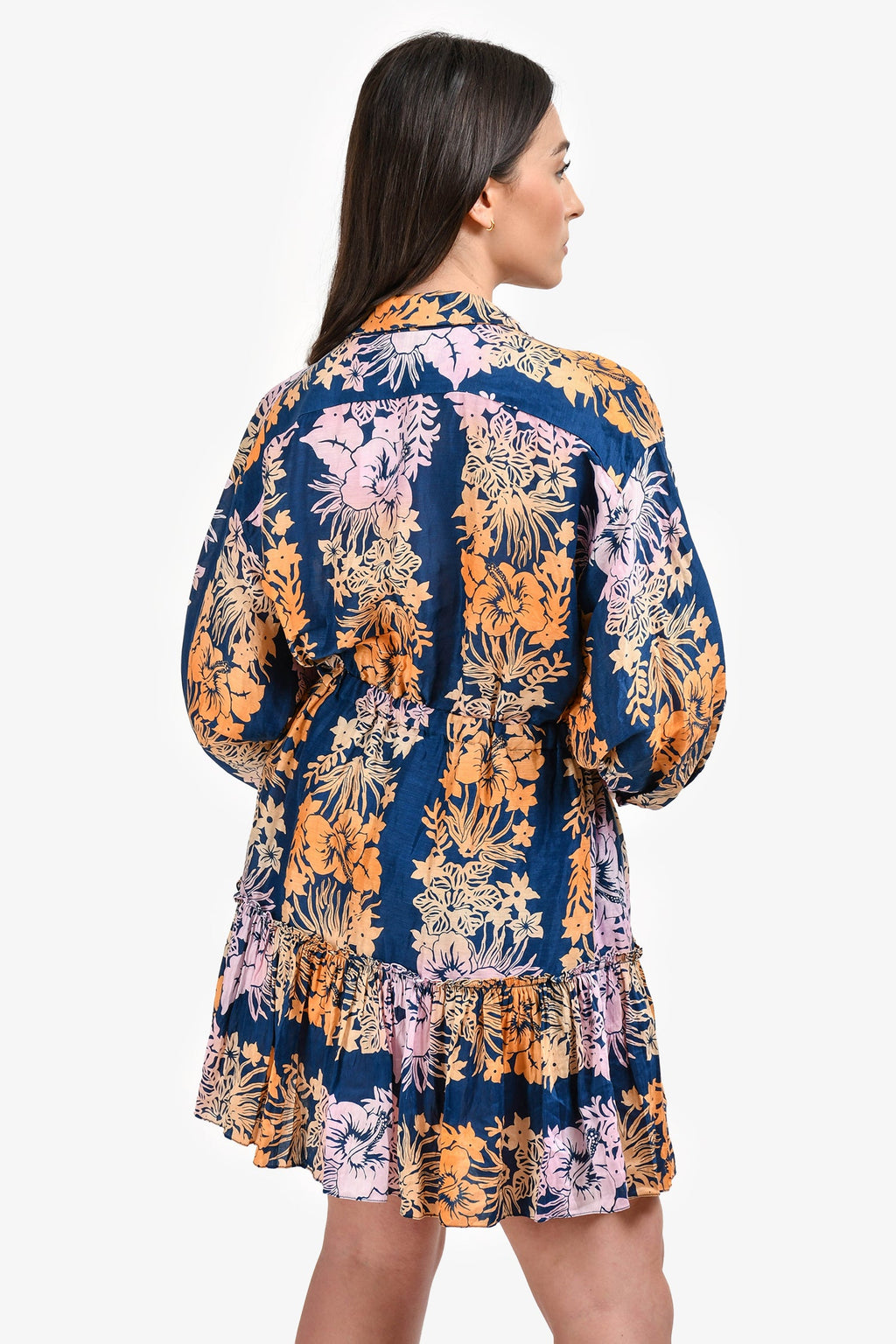 Sandro Navy/Orange/Purple Floral Cotton Long Sleeve Mini Dress Size 36