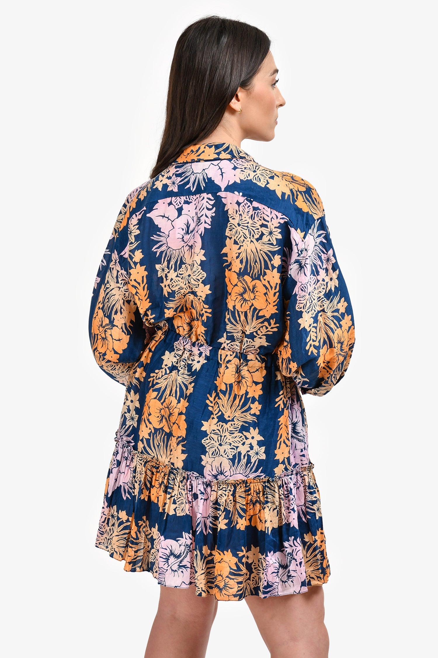 Sandro Navy/Orange/Purple Floral Cotton Long Sleeve Mini Dress Size 36