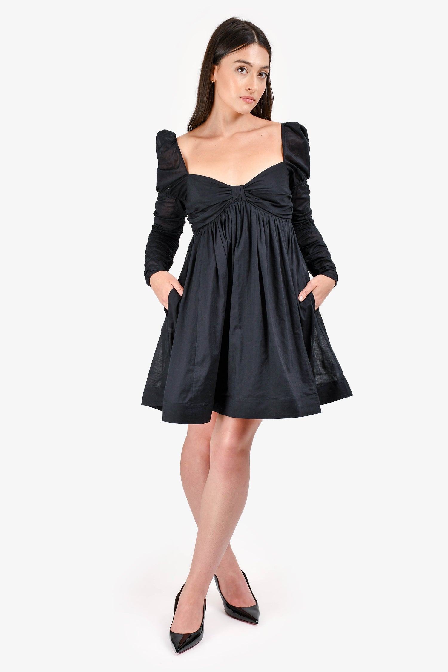 Zimmermann Black Cotton Off The Shoulder Ruched Long Sleeves Dress Size 2
