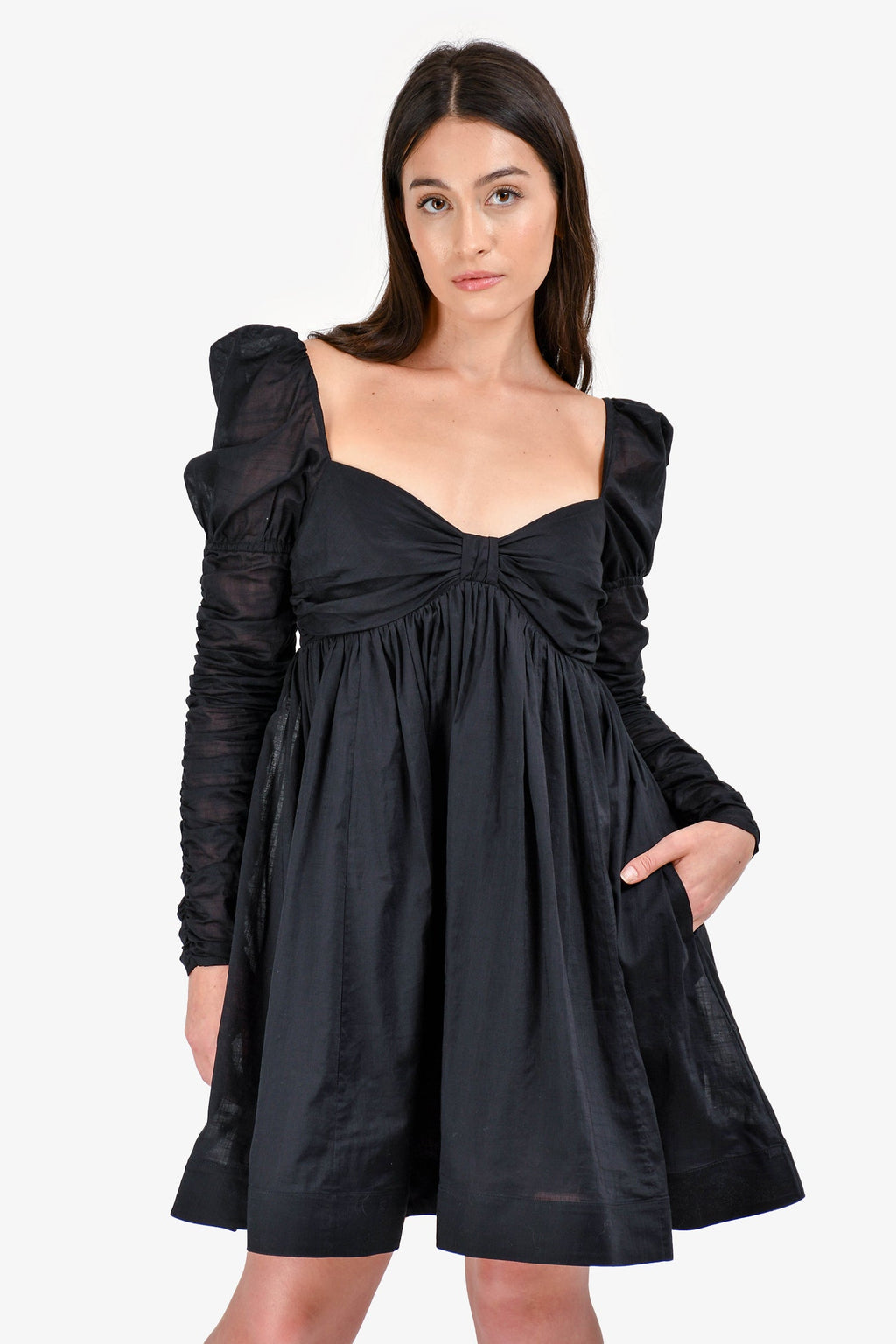 Zimmermann Black Cotton Off The Shoulder Ruched Long Sleeves Dress Size 2