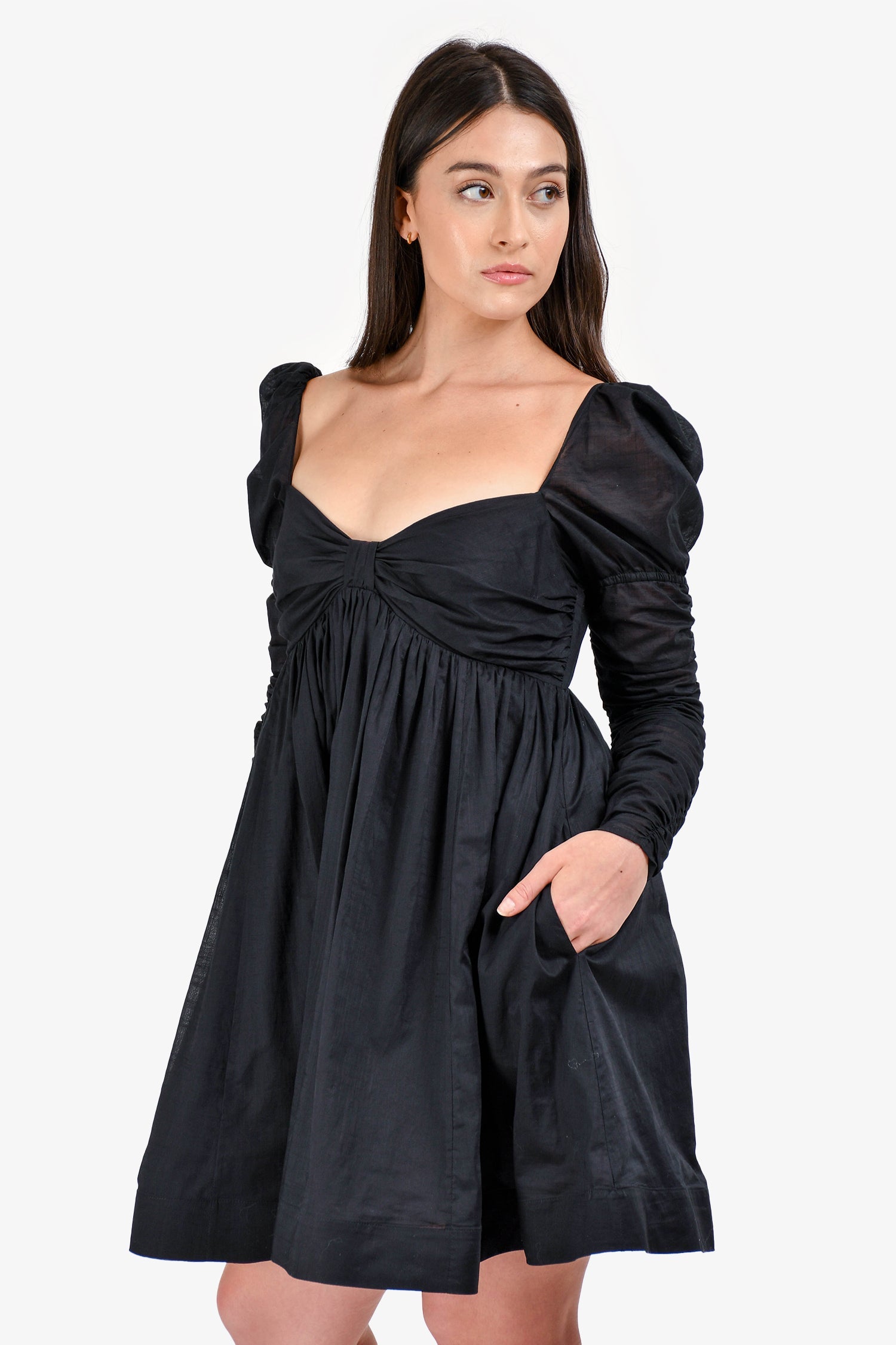 Zimmermann Black Cotton Off The Shoulder Ruched Long Sleeves Dress Size 2