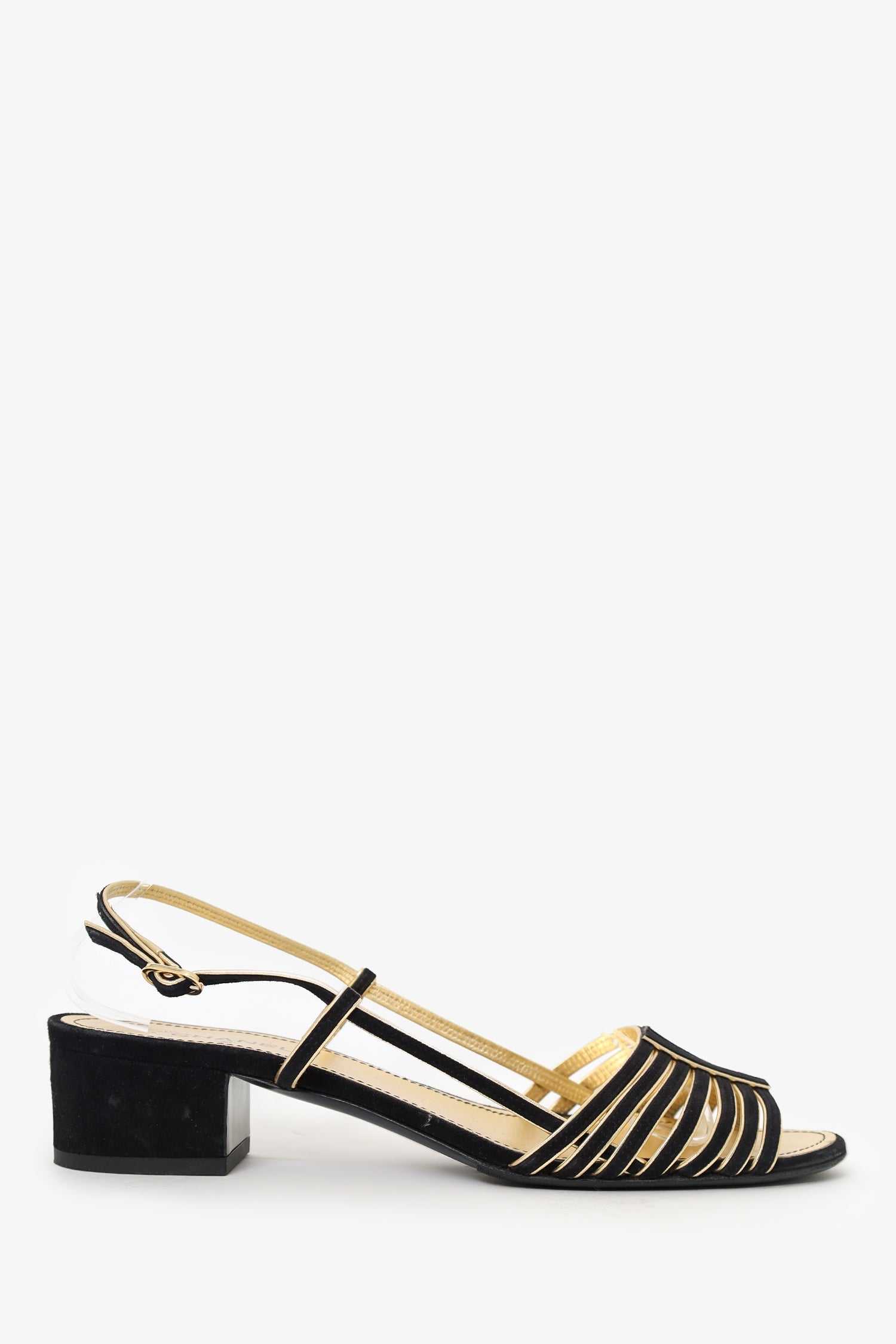 Pre-Loved Chanel™ Black/Gold Suede/Leather Block Heeled Sandals Size 39.5