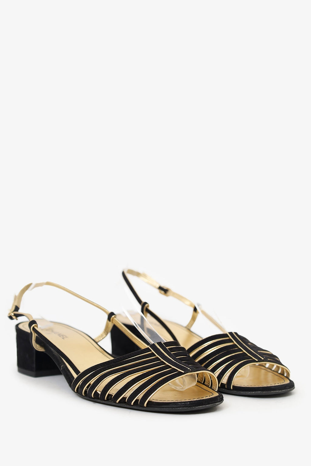 Pre-Loved Chanel™ Black/Gold Suede/Leather Block Heeled Sandals Size 39.5