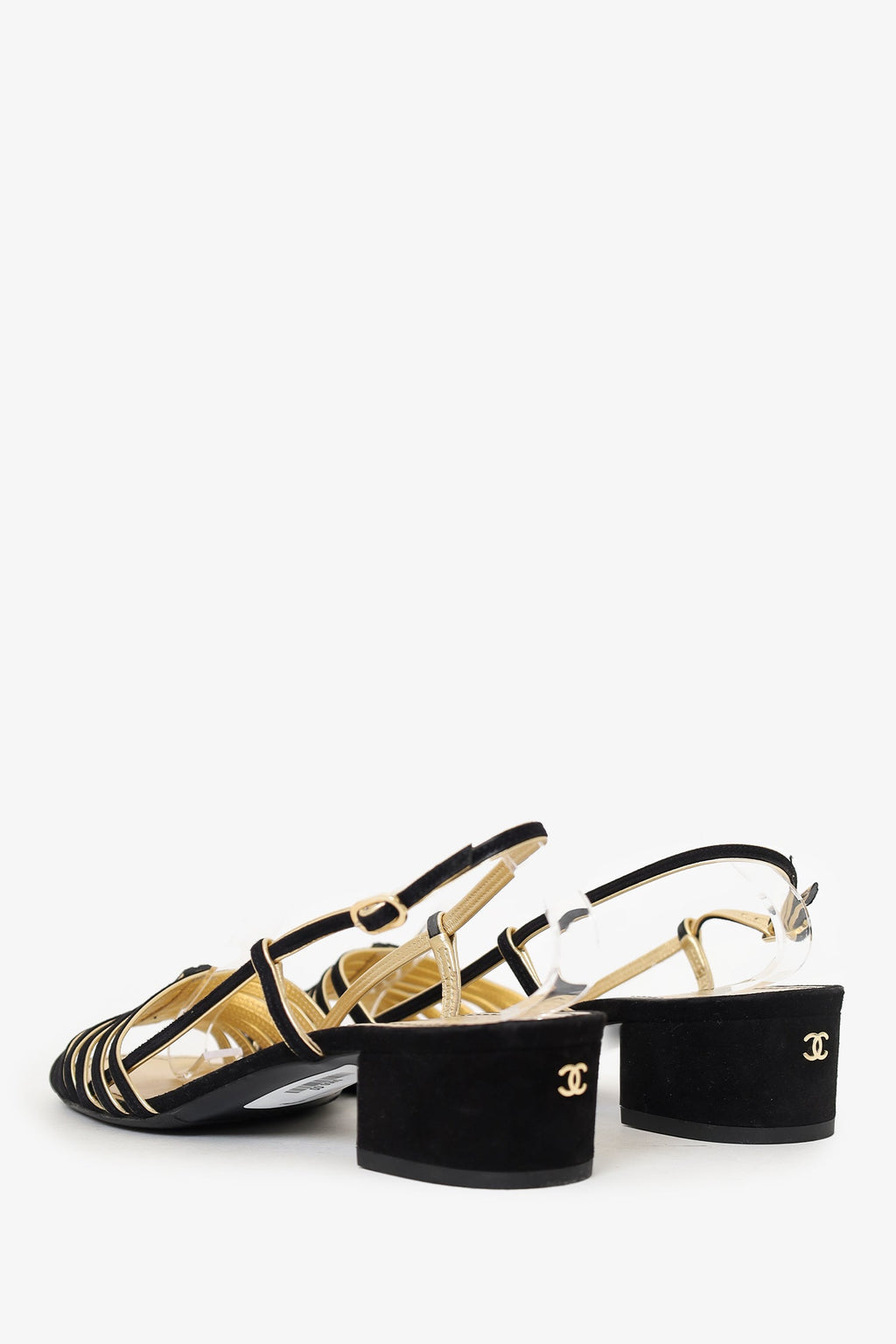 Pre-Loved Chanel™ Black/Gold Suede/Leather Block Heeled Sandals Size 39.5